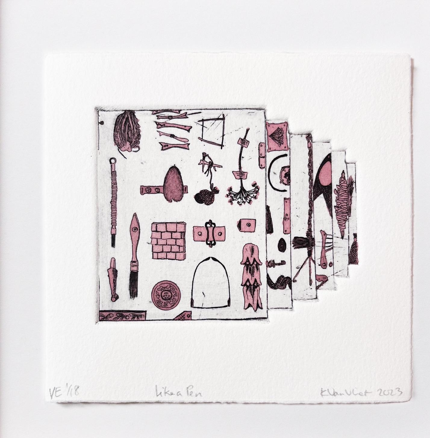„Like a Pen VE 1/18“ Intaglio, handkolorierte, tool-Motive im Angebot 3