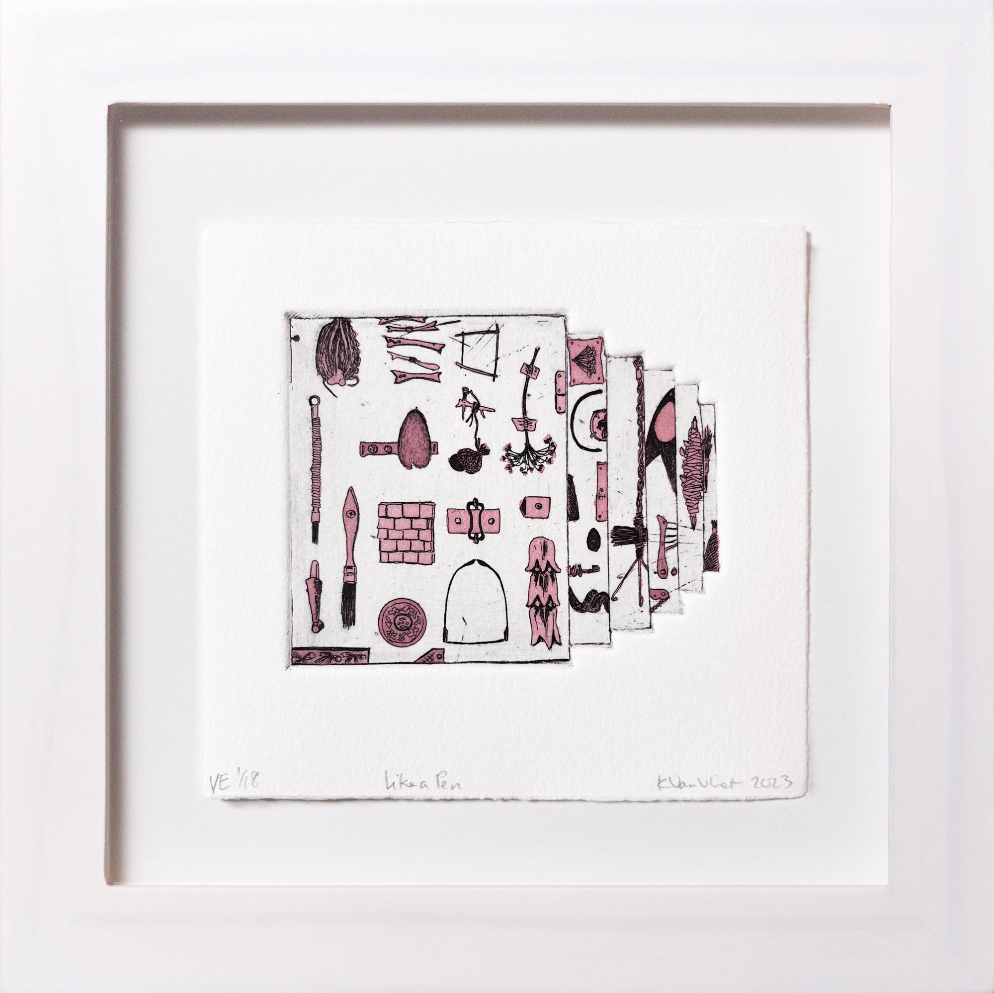 Katie VanVliet Still-Life Print - "Like a Pen VE 1/18" Intaglio, hand colored, tool motifs