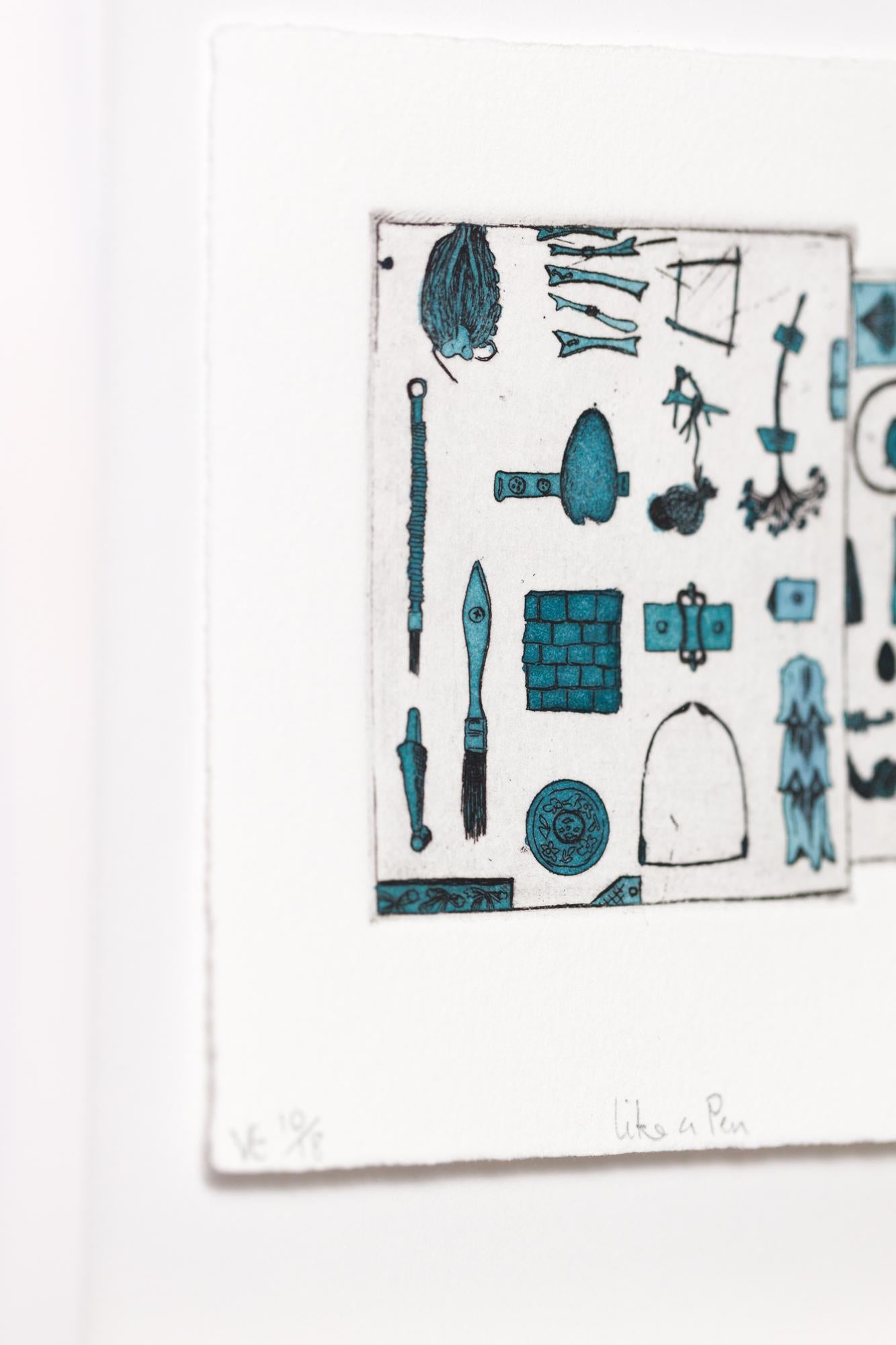 „Like a Pen VE 10/18“ Intaglio, handkolorierte, tool-Motive im Angebot 4