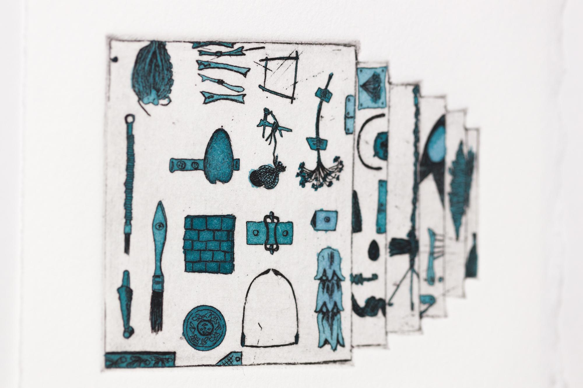 „Like a Pen VE 10/18“ Intaglio, handkolorierte, tool-Motive im Angebot 5