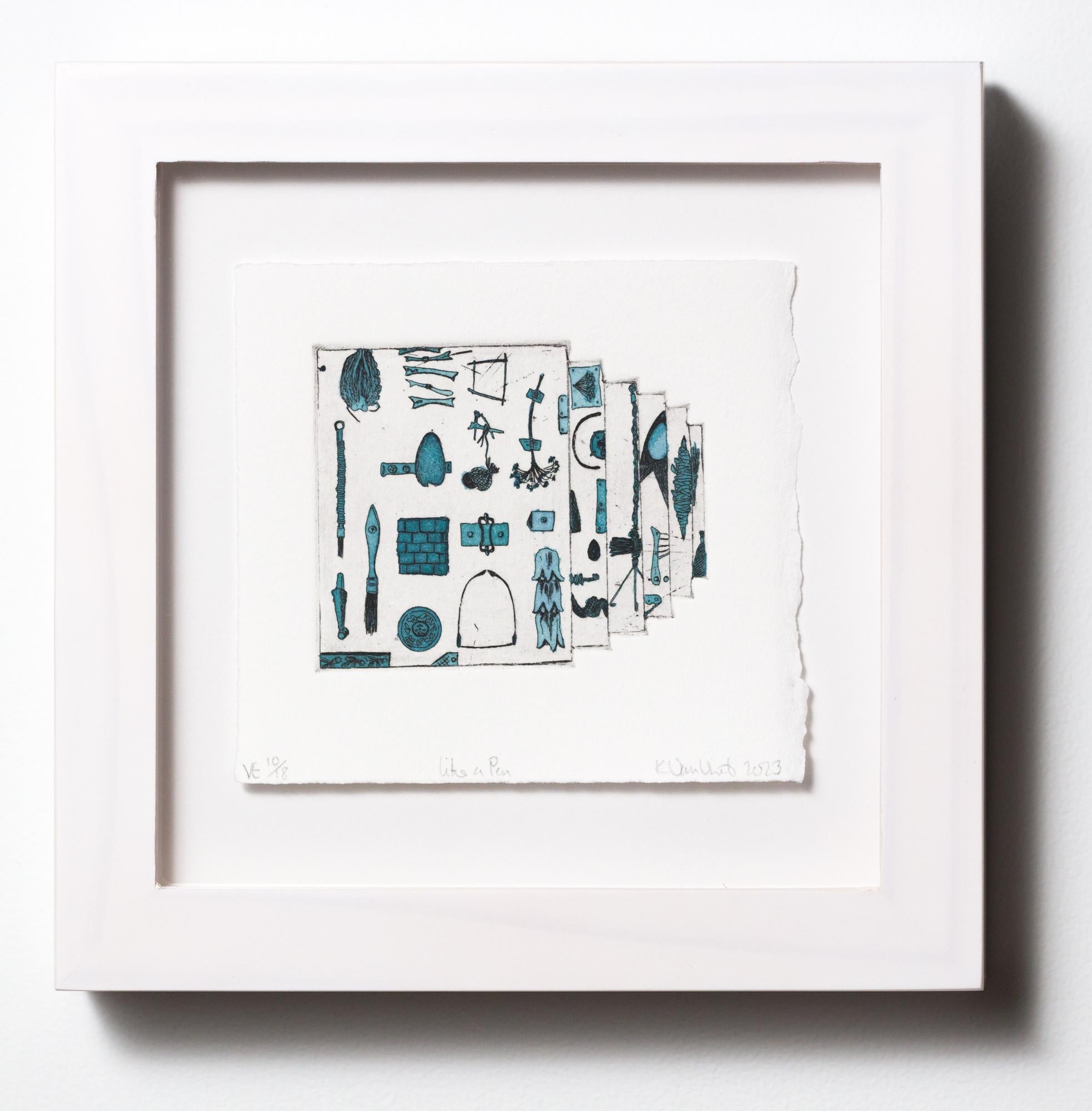 „Like a Pen VE 10/18“ Intaglio, handkolorierte, tool-Motive im Angebot 6