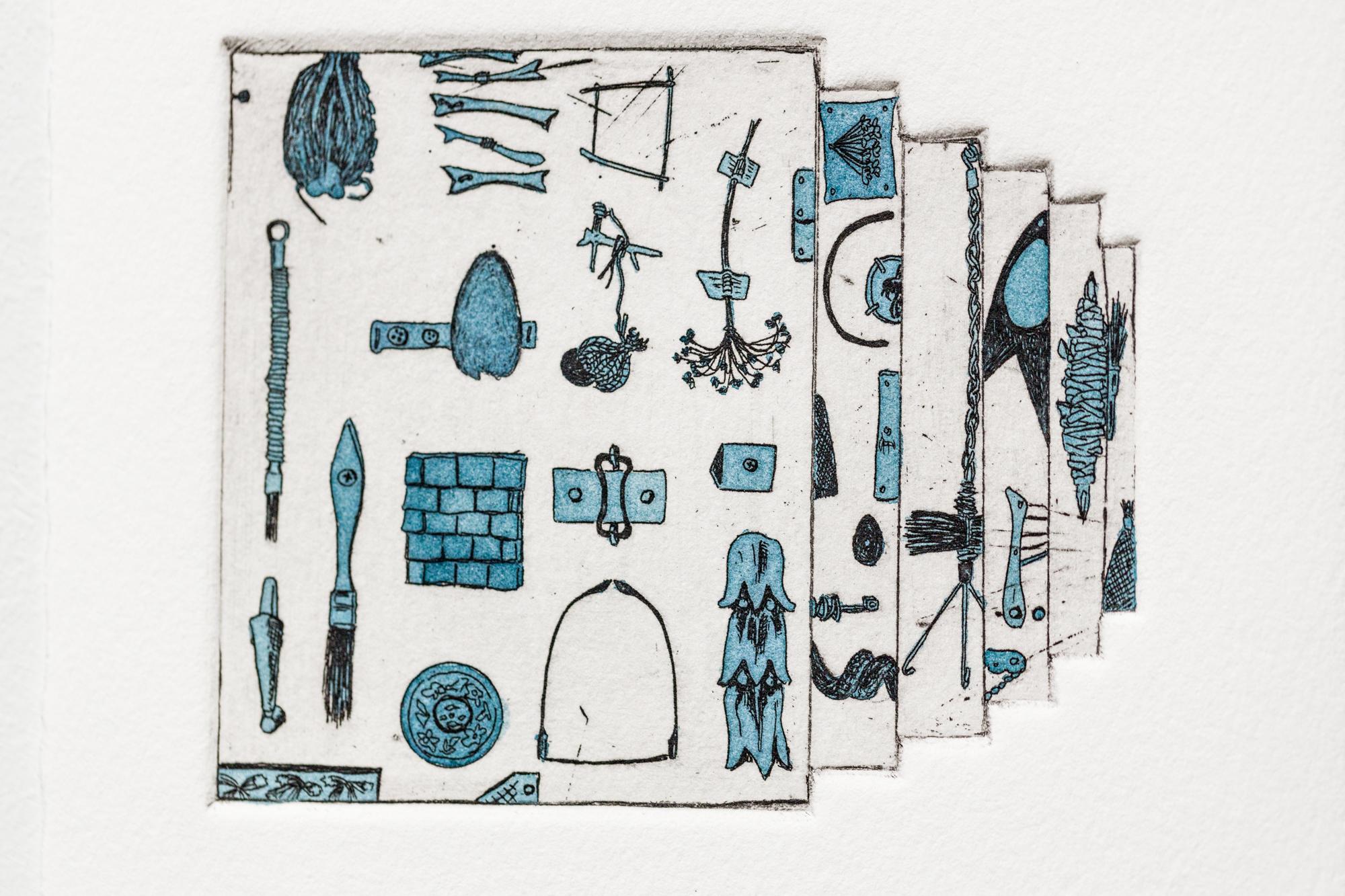„Like a Pen VE 11/18“ Intaglio, handkolorierte, tool-Motive im Angebot 3