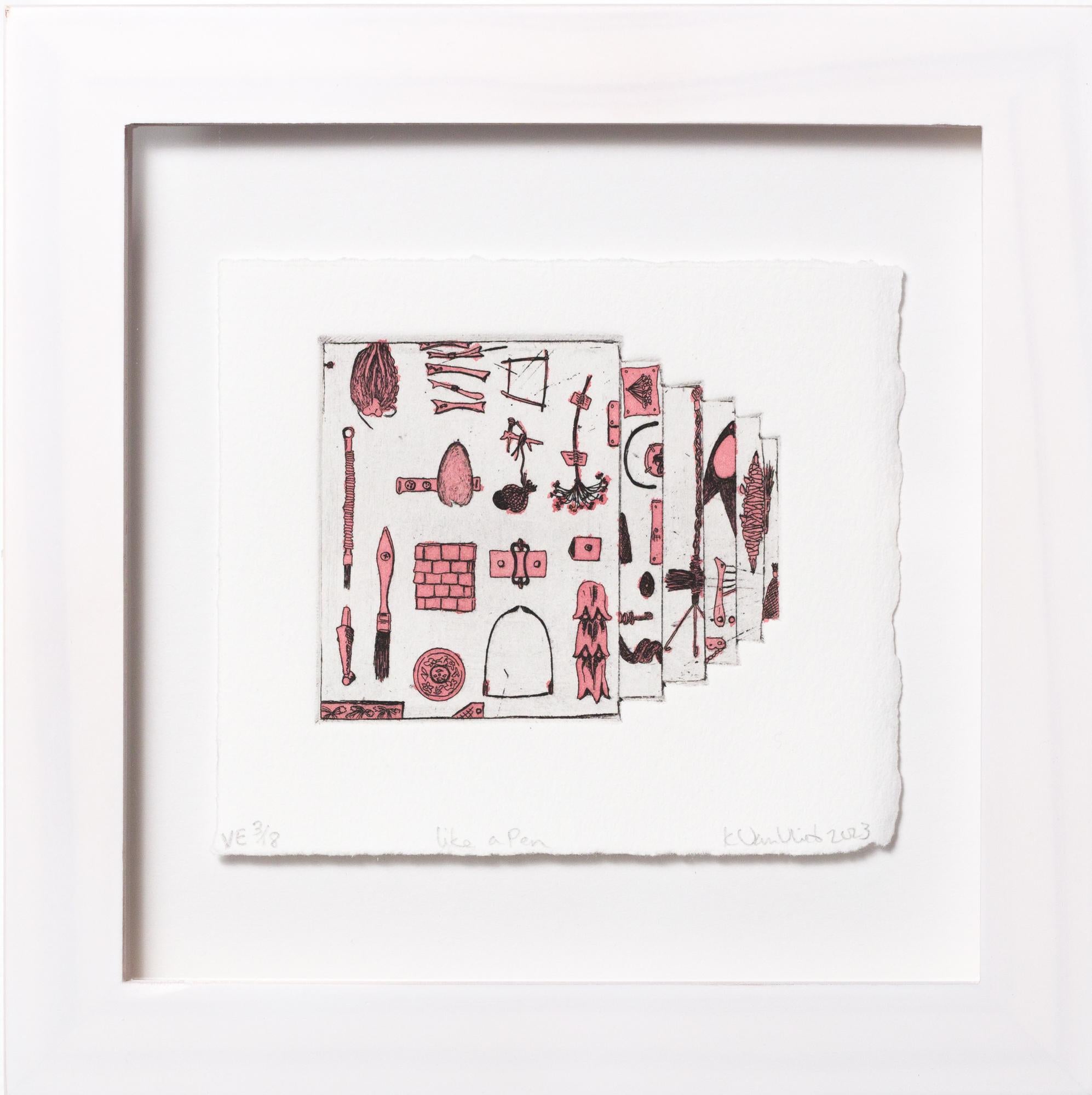 Katie VanVliet Still-Life Print – „Like a Pen VE 16/18“ Intaglio, handkolorierte, tool-Motive