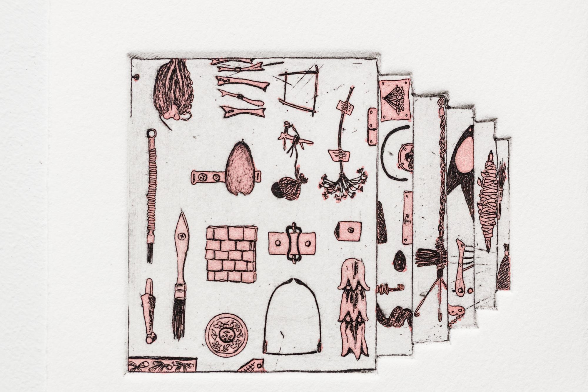 „Like a Pen VE 2/18“ Intaglio, handkolorierte, tool-Motive im Angebot 1