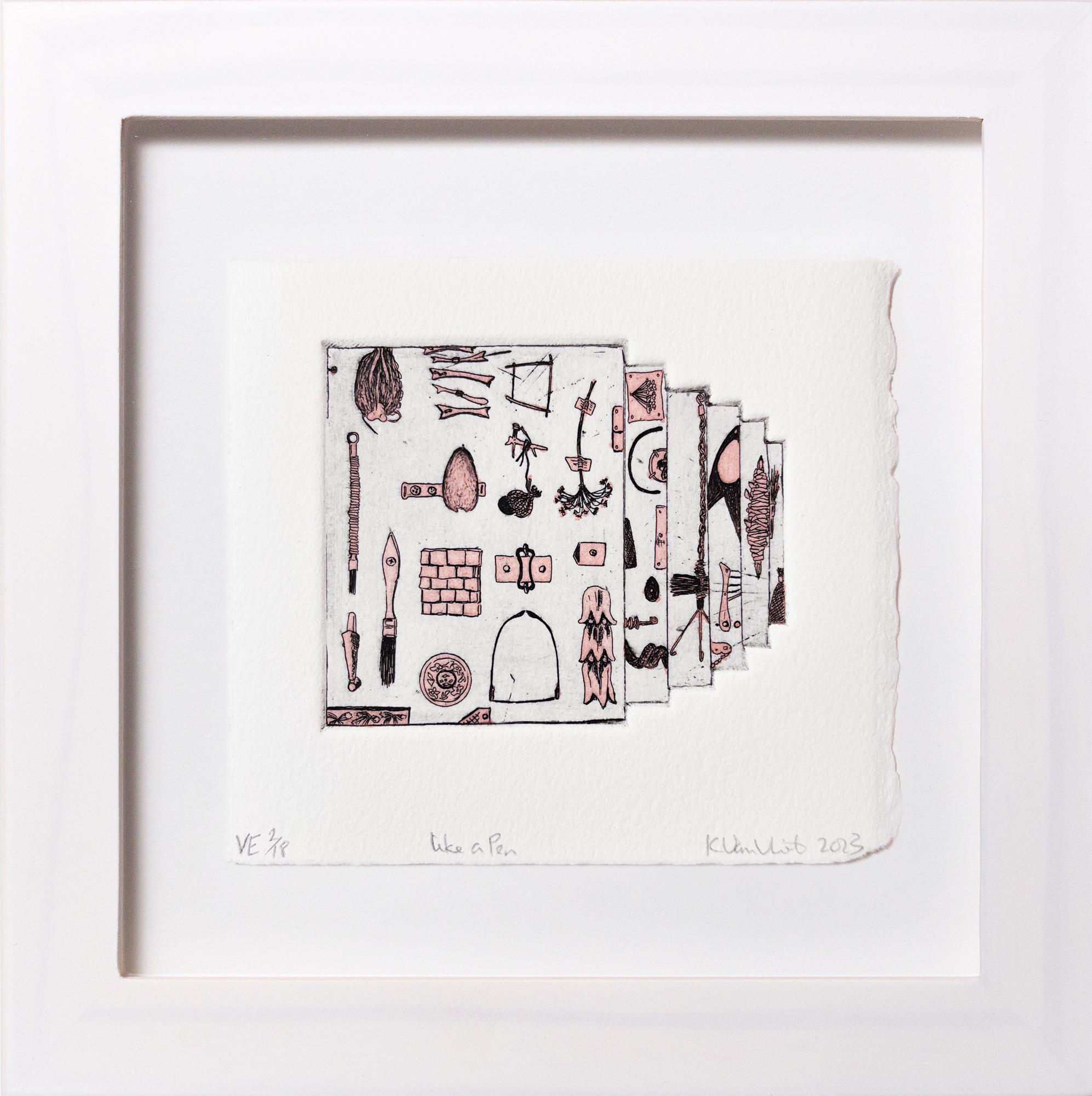 Katie VanVliet Still-Life Print - "Like a Pen VE 2/18" Intaglio, hand colored, tool motifs