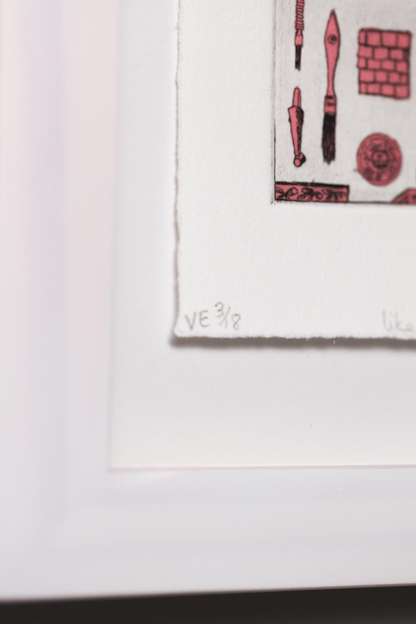„Like a Pen VE 3/18“ Intaglio, handkolorierte, tool-Motive im Angebot 1
