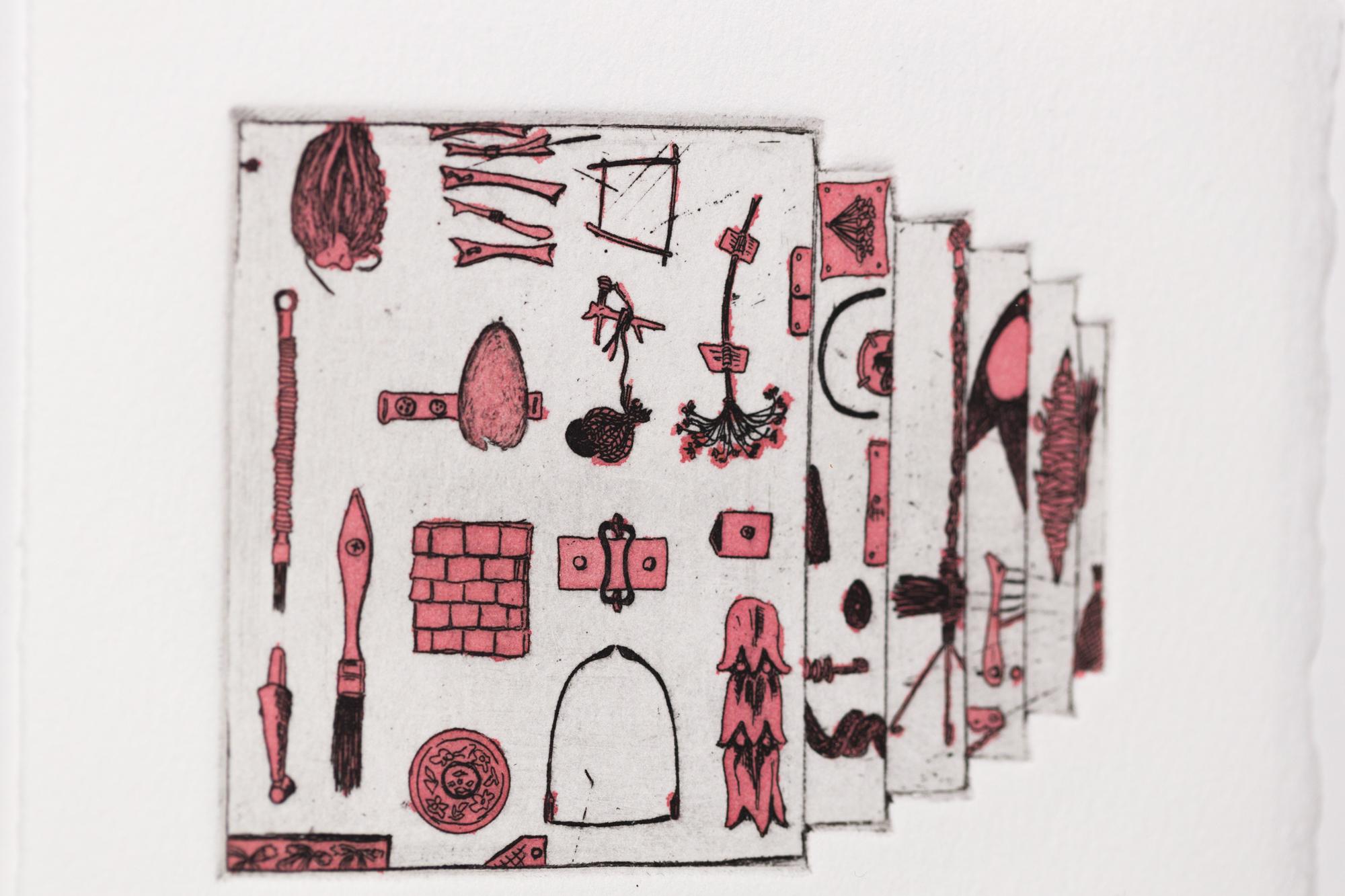 „Like a Pen VE 3/18“ Intaglio, handkolorierte, tool-Motive im Angebot 3