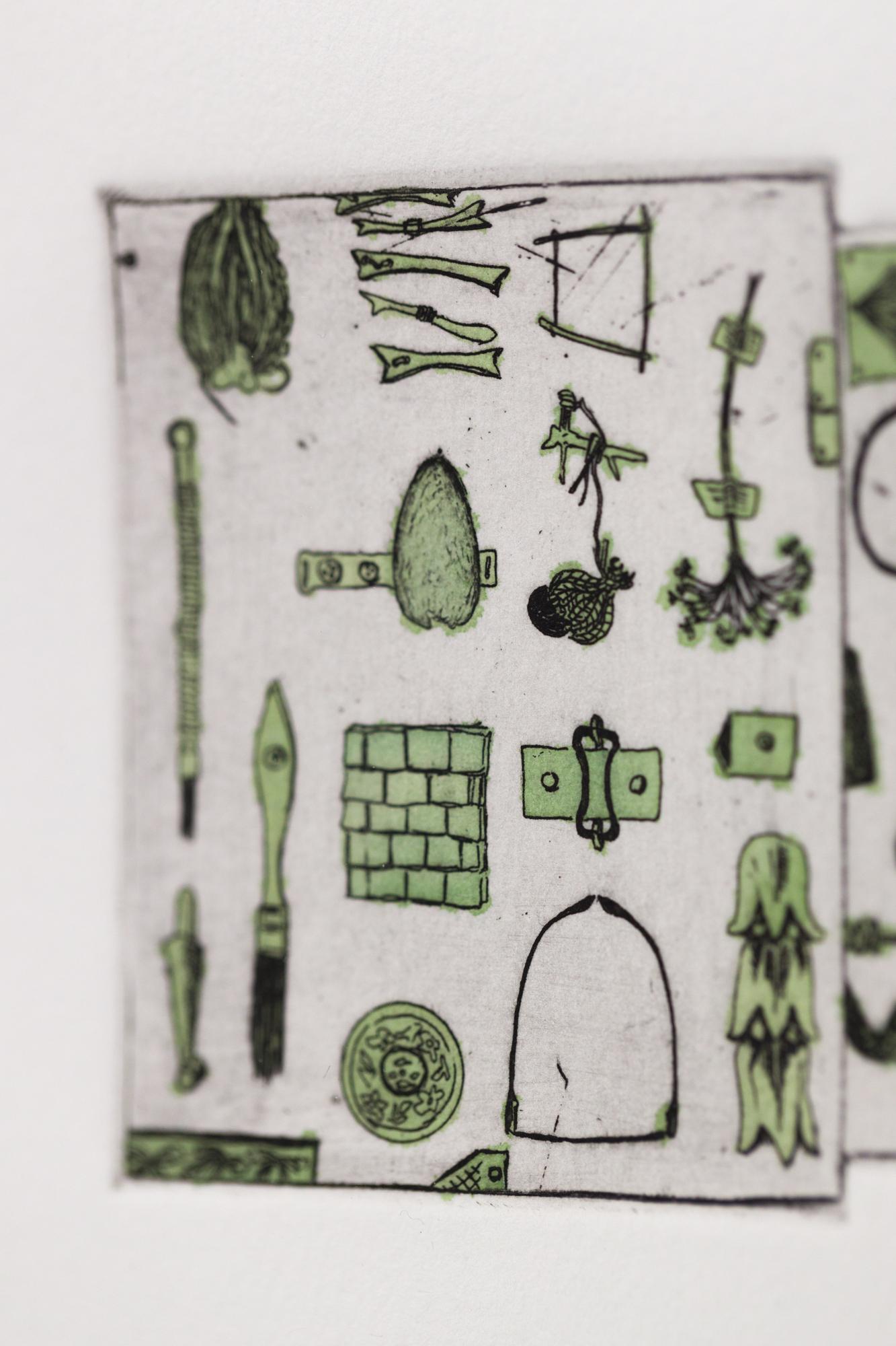 „Like a Pen VE 5/18“ Intaglio, handkolorierte, tool-Motive im Angebot 2