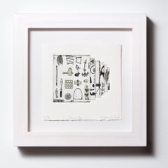 "Como una pluma VE 6/18" Calcografía, coloreada a mano, motivos de herramientas