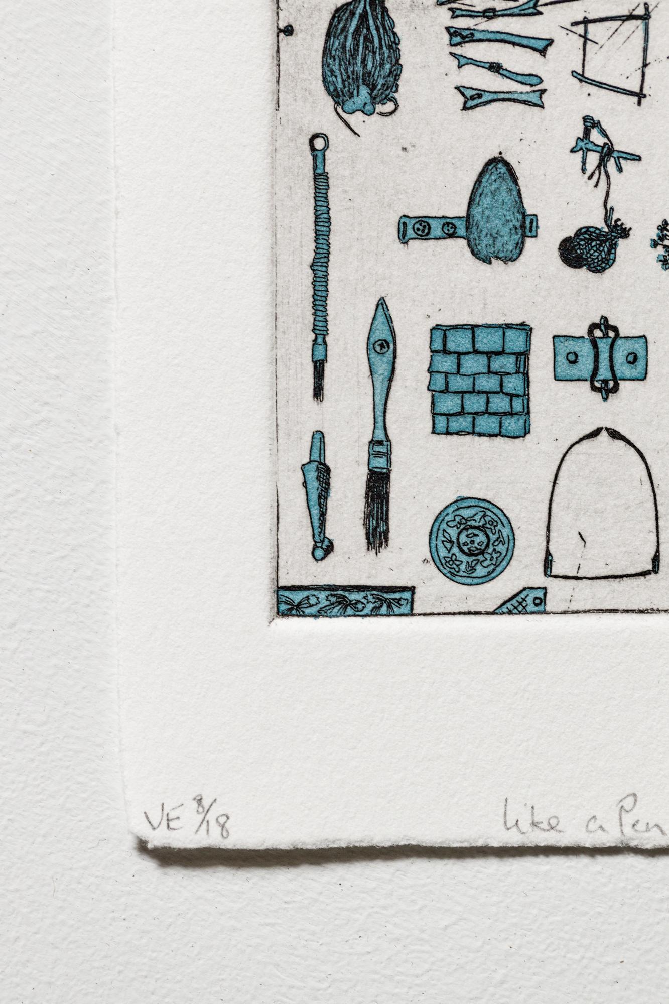 „Like a Pen VE 8/18“ Intaglio, handkolorierte, tool-Motive im Angebot 5