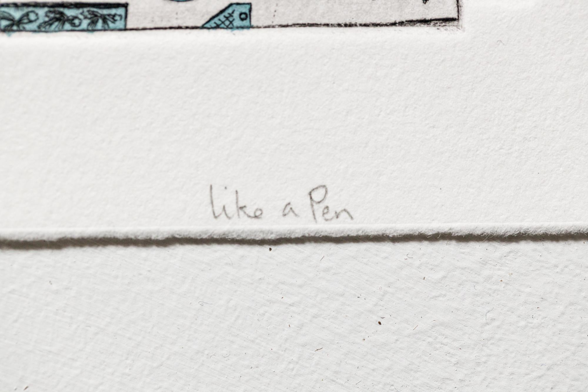 „Like a Pen VE 9/18“ Intaglio, handkolorierte, tool-Motive im Angebot 1