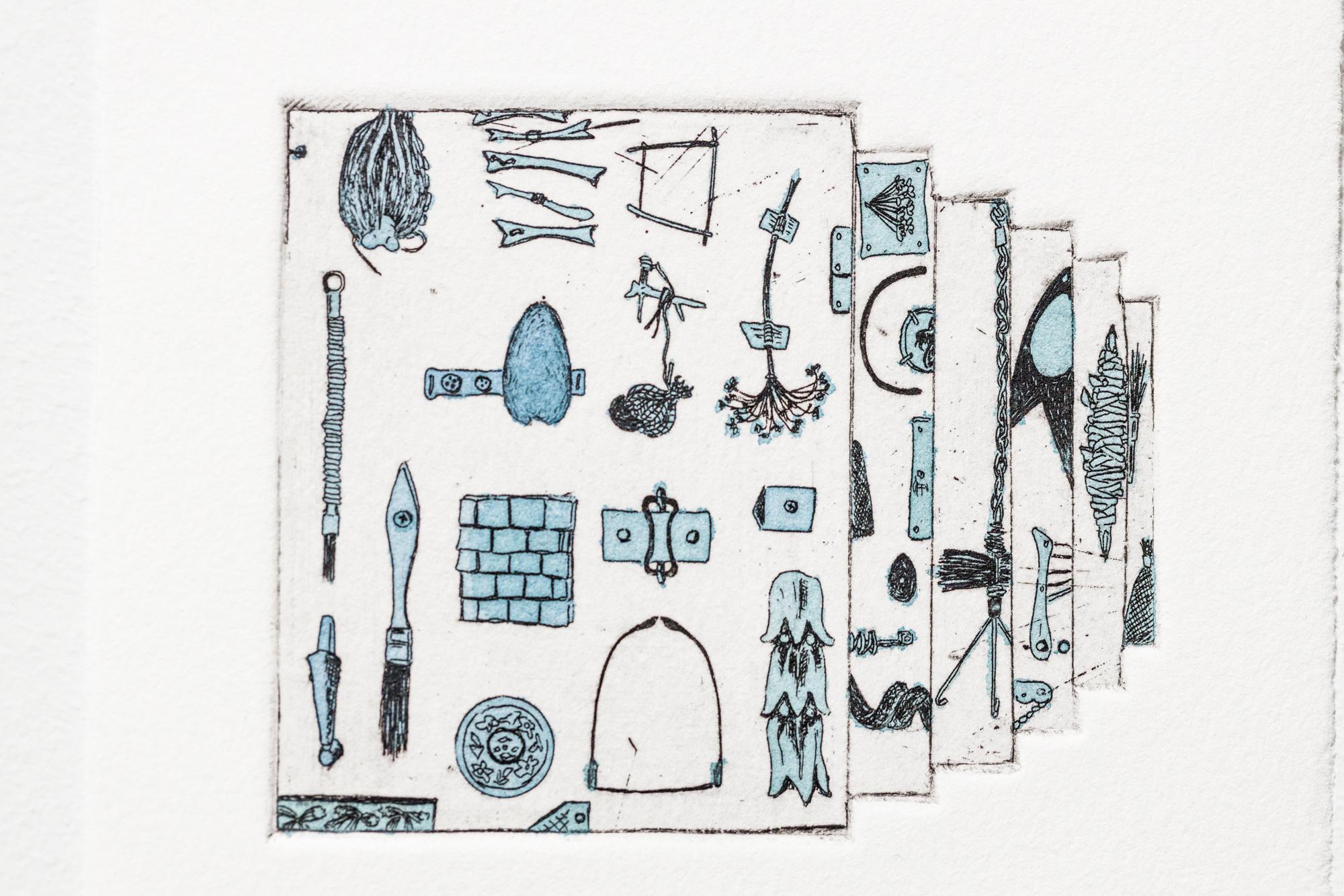 „Like a Pen VE 9/18“ Intaglio, handkolorierte, tool-Motive im Angebot 3