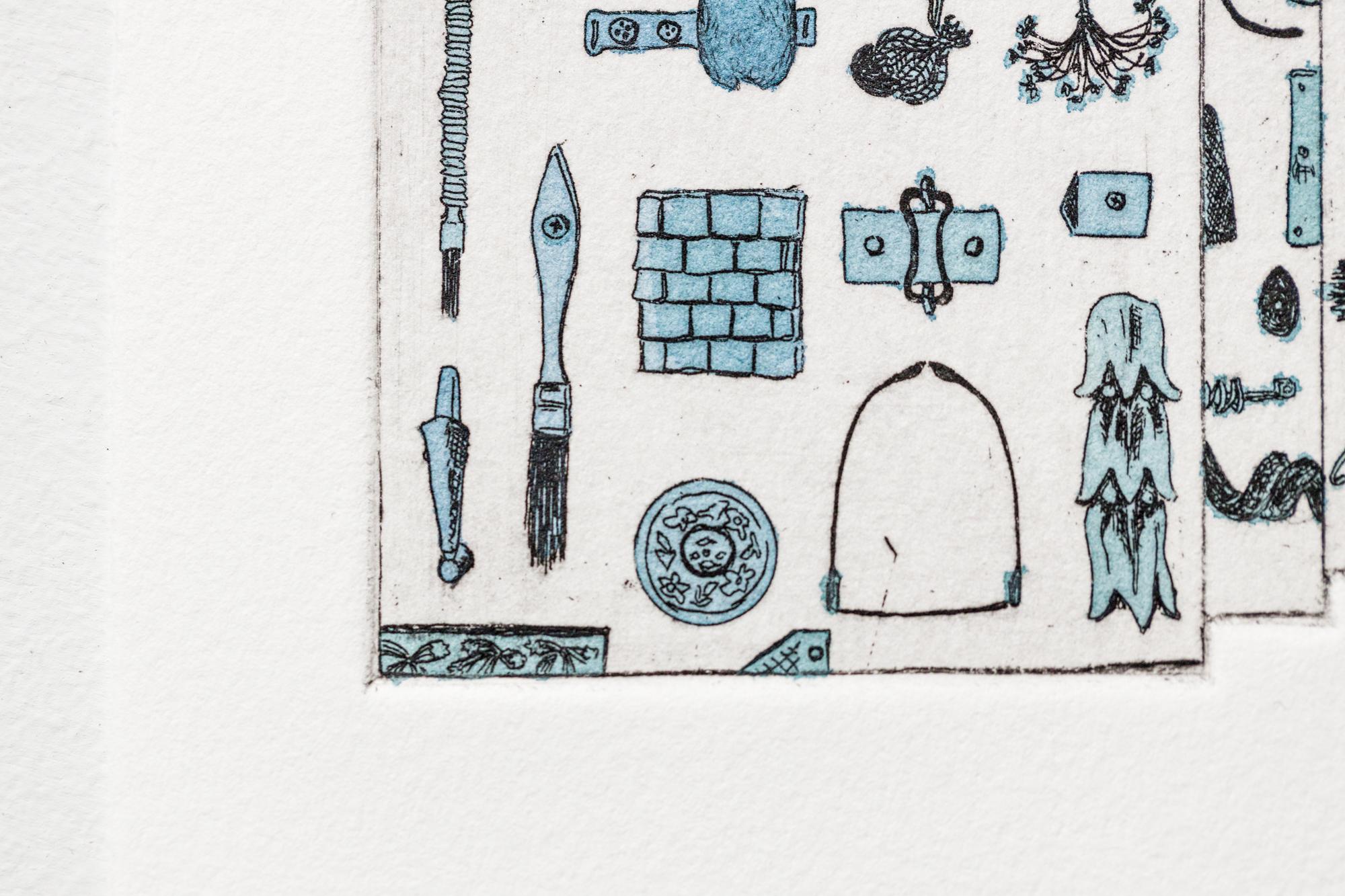 „Like a Pen VE 9/18“ Intaglio, handkolorierte, tool-Motive im Angebot 5