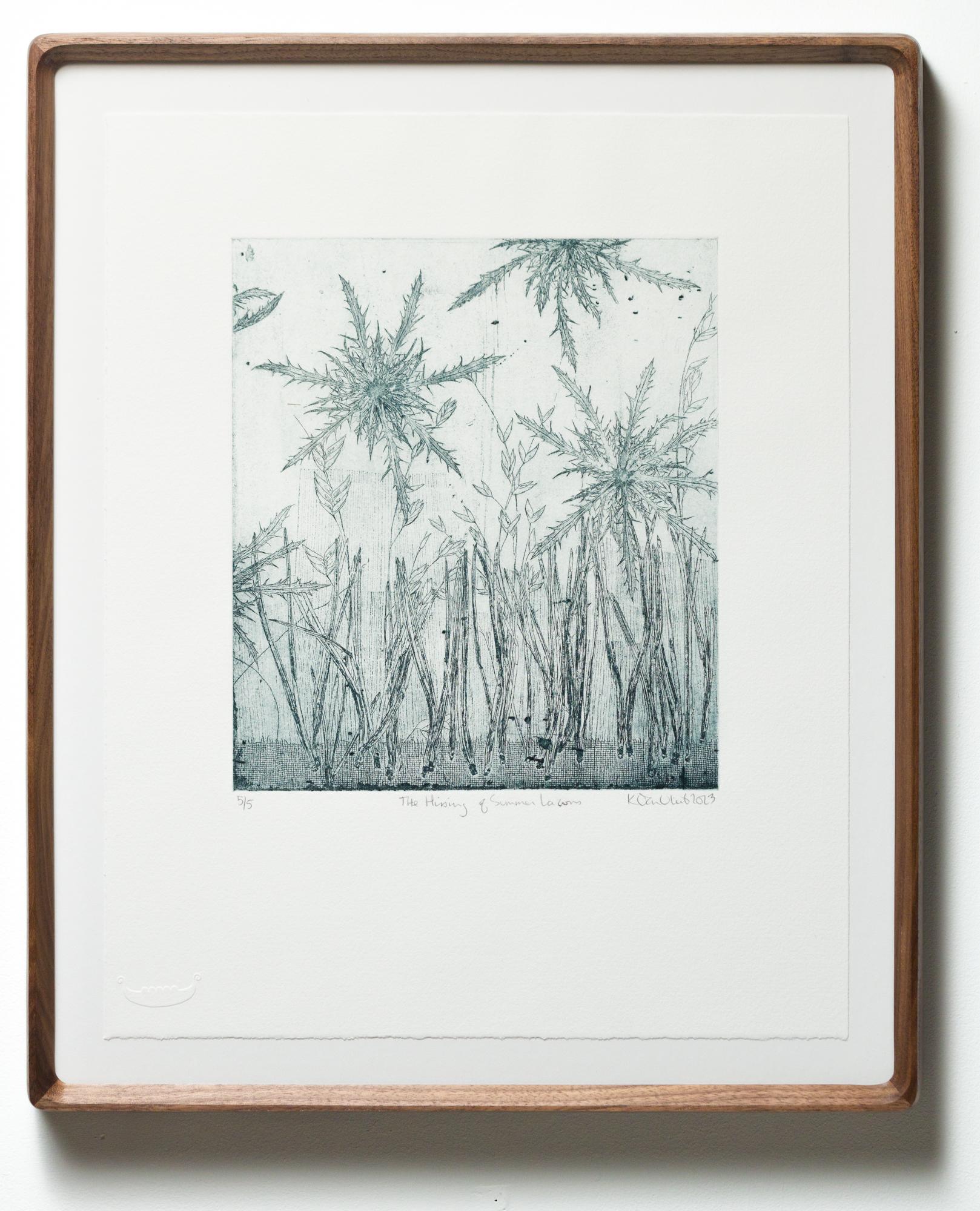 This piece titled "The Hissing of Summer Lawns" is a limited edition piece by Kate VanVliet and is made from Intaglio with soft ground on Rives BFK. This piece is an edition of 9, measures 17.5"h x 14.5"w, and is shipped in the featured wooden