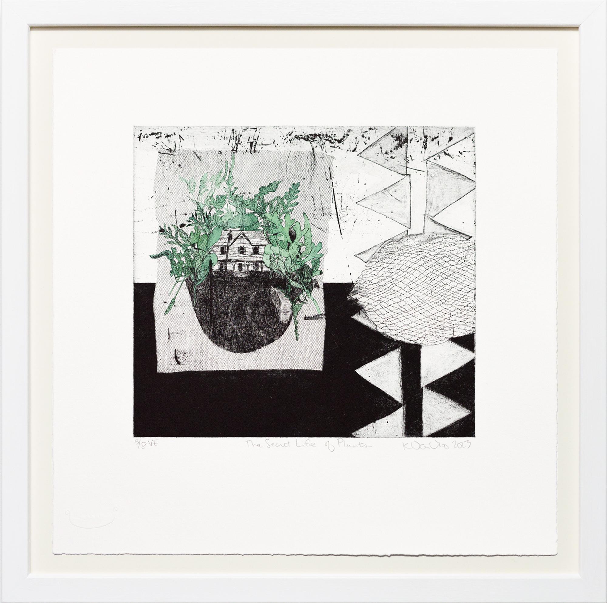 Katie VanVliet Landscape Print - "The Secret Life of Plants VE 5/8" Intaglio, hand colored, house, leaves