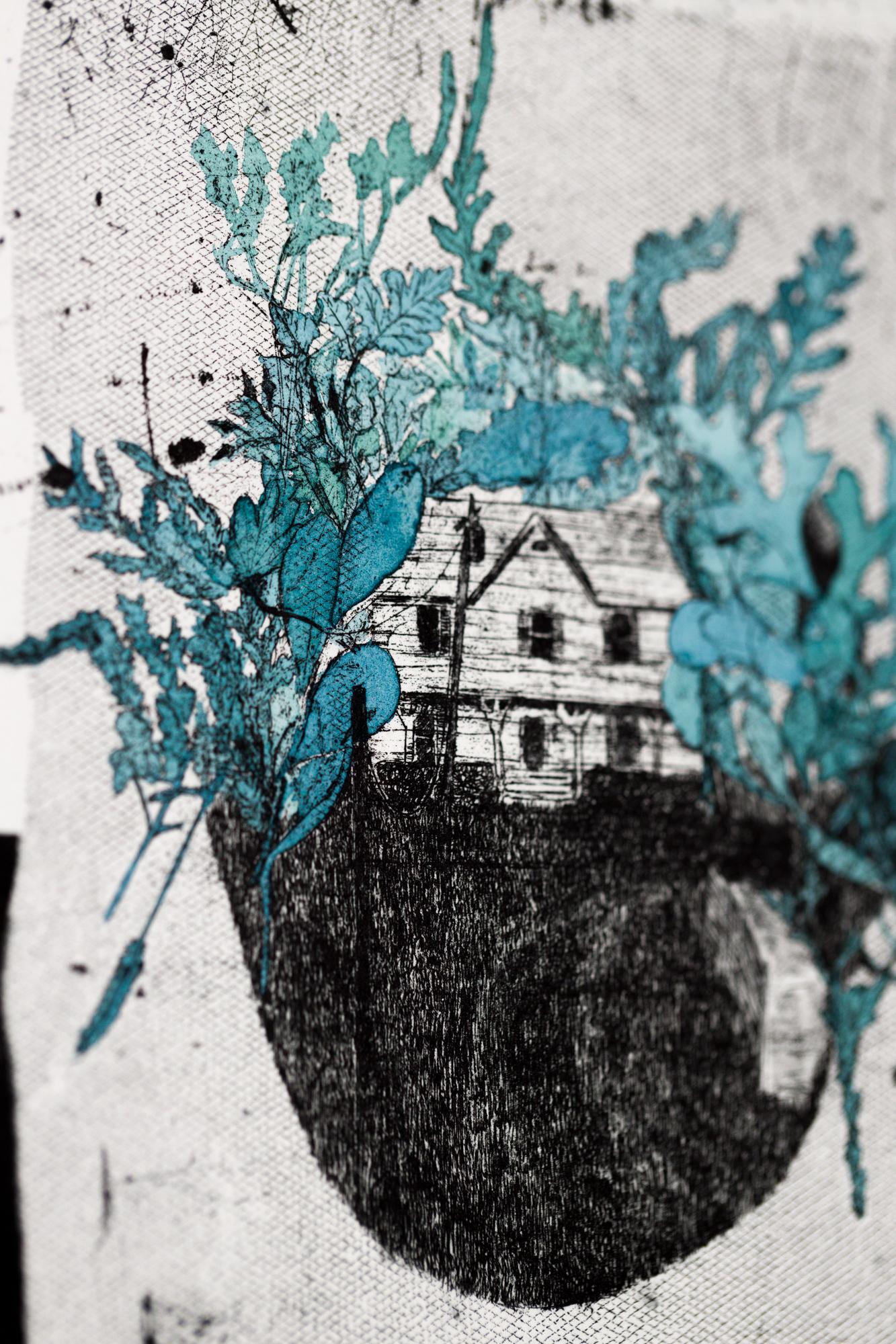 „The Secret Life of Plants VE 6/8“ Intaglio, handkoloriert, Haus, Blätter im Angebot 2