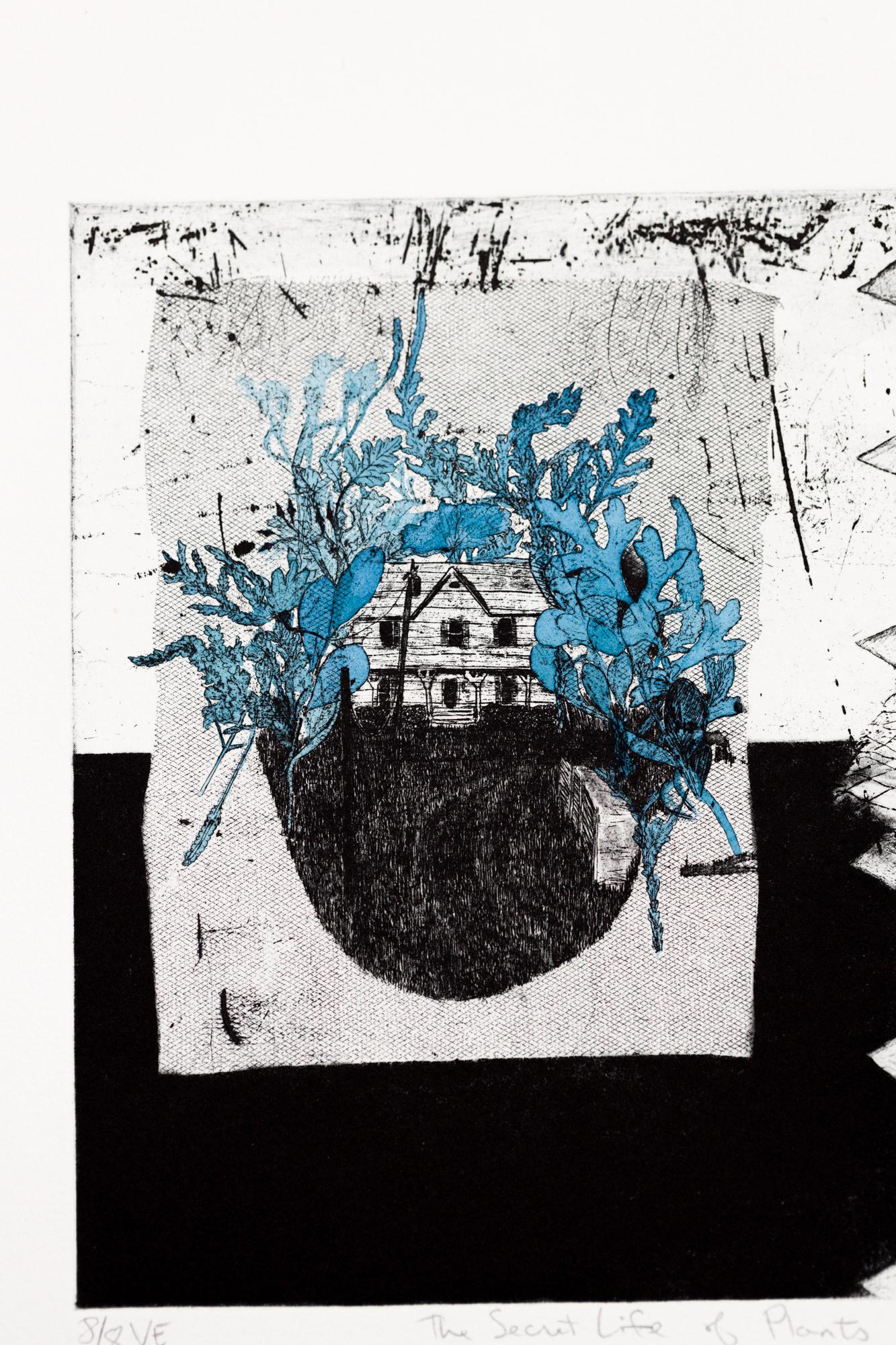 „The Secret Life of Plants VE 8/8“ Intaglio, handkoloriert, Haus, Blätter – Print von Katie VanVliet