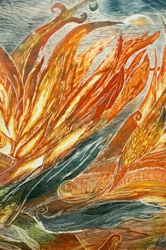 "Wild is the Wind", Warm Colors, Orange, Abstracted Landscape, Intaglio Print