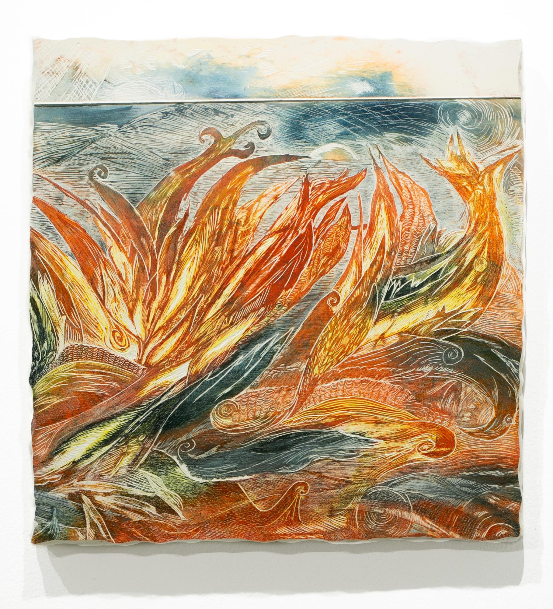 "Wild is the Wind", Warm Colors, Orange, Abstracted Landscape, Intaglio Print