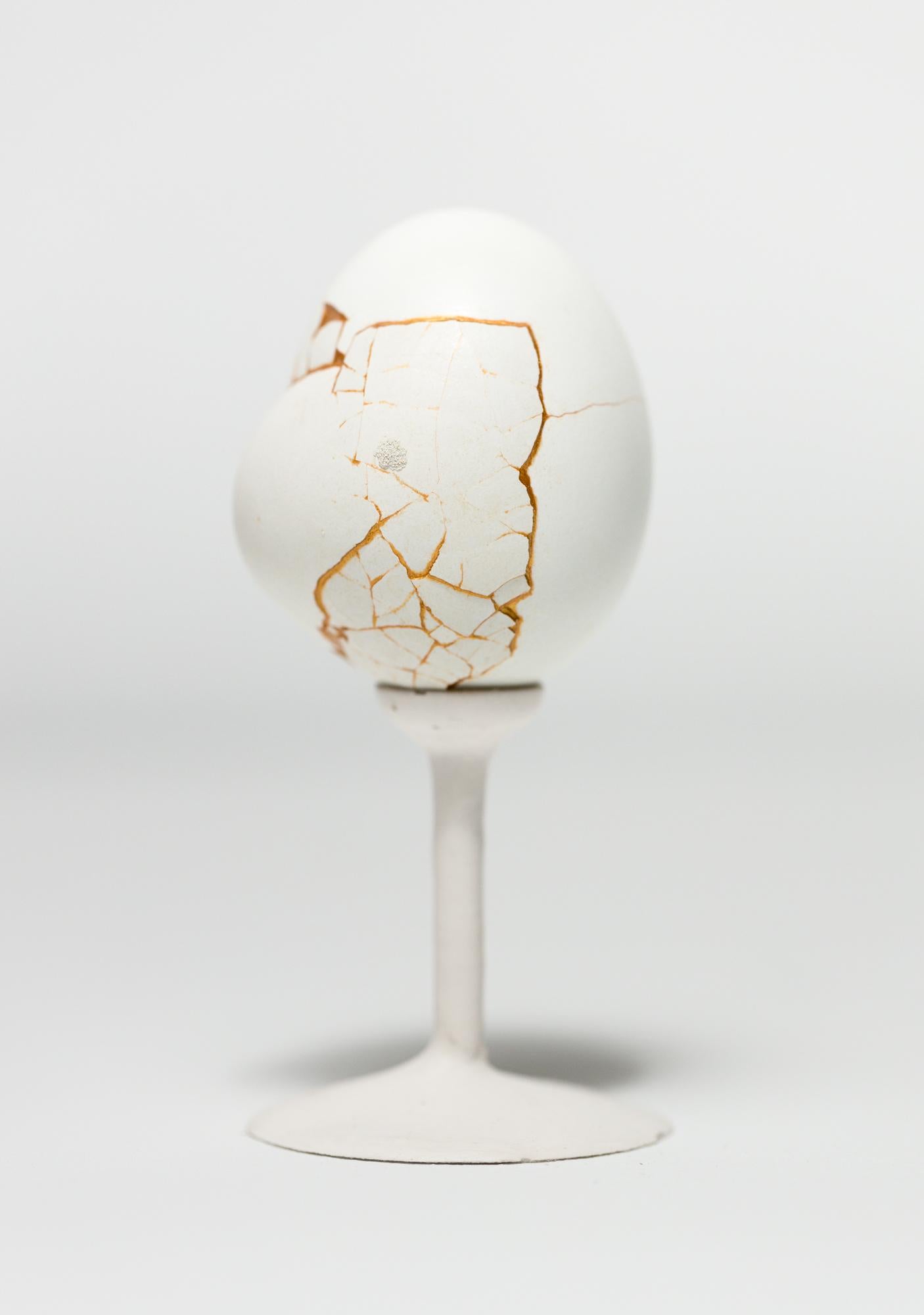 This piece titled "Chimaera: Green #9" is an original piece by Kate VanVliet and is made from eggshells, mica, and PVA. This piece measures 2.5”h x 2”w x 2”d and ships with the pictured display stand.

Kate VanVliet is a sculptor and printmaker