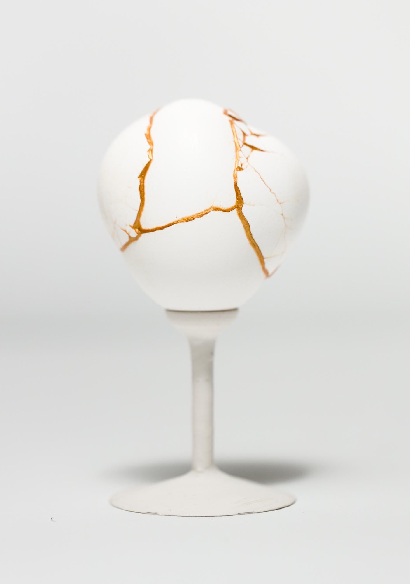 Katie VanVliet Still-Life Sculpture - "Chimaera: White #1", Found Object Sculpture, Egg Motif