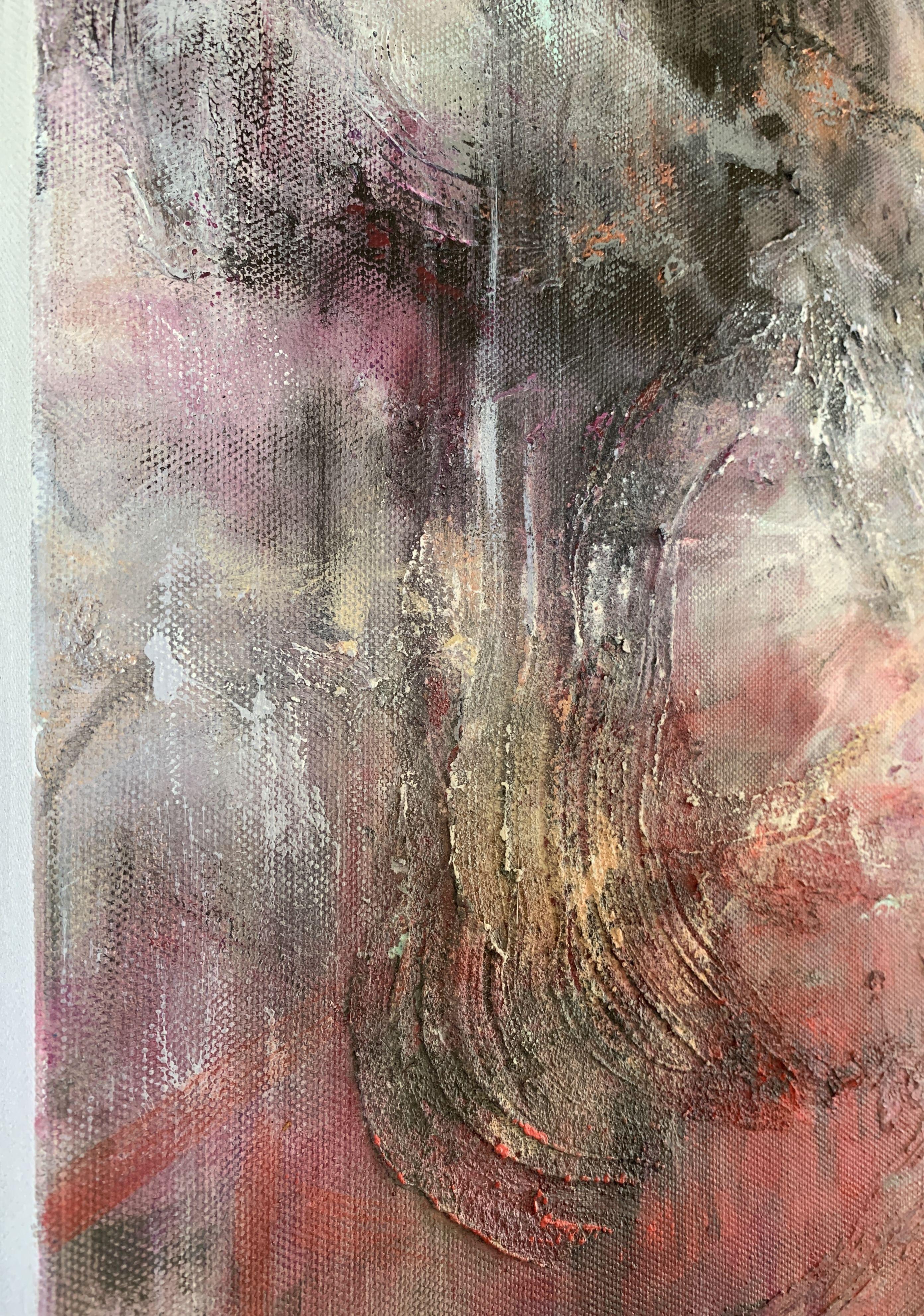 Bare, exposed, showing what lies underneath. A composition of acrylic paint, plaster, sand and pastels, inspired by the hidden layers. Exploring an intense, yet playful way how colours create light and shadows while drawing you into hidden depths. 