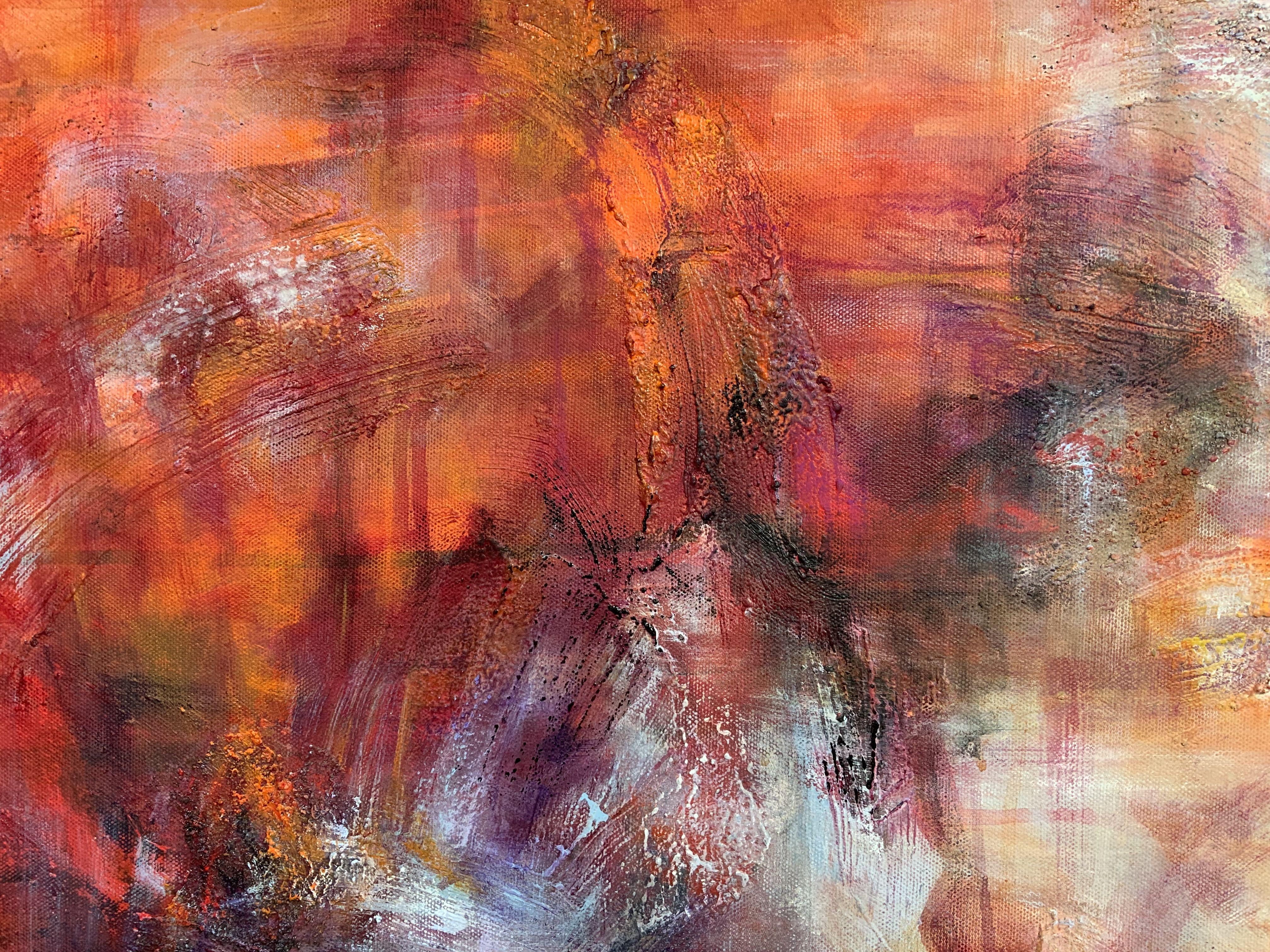 Elemental III- Fire and Air showing a unique dynamic interplay of shape, movement and colour.    In her recent series â€˜Elementalâ€™ Katja Wittmer has been incorporating sand, plaster, pastels and acrylics into her paintings to convey the