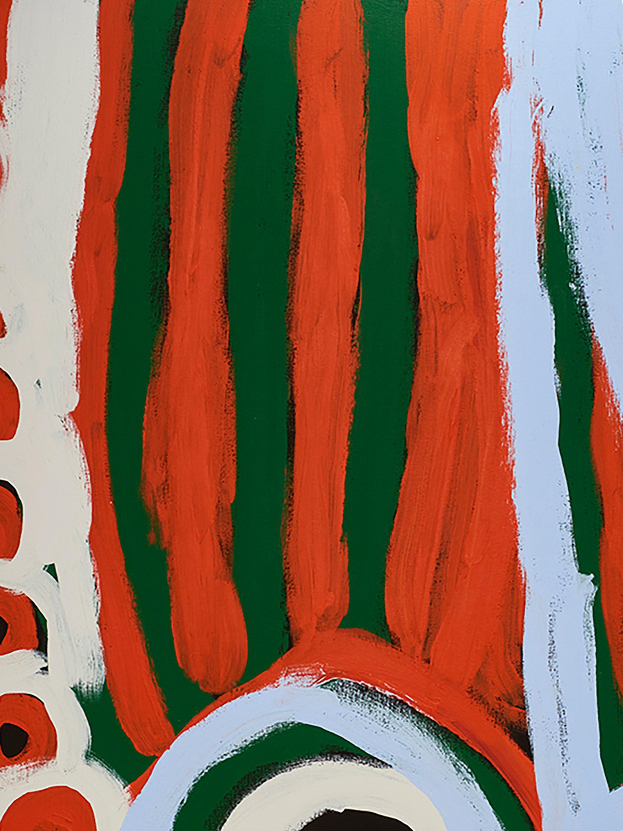Katjarra Butler is renowned for her wide luscious brush strokes and innovative style. Her artistic process, often involving the application of numerous layers of paint, builds a fullness and depth distinctive in her work. Butler combines traditional