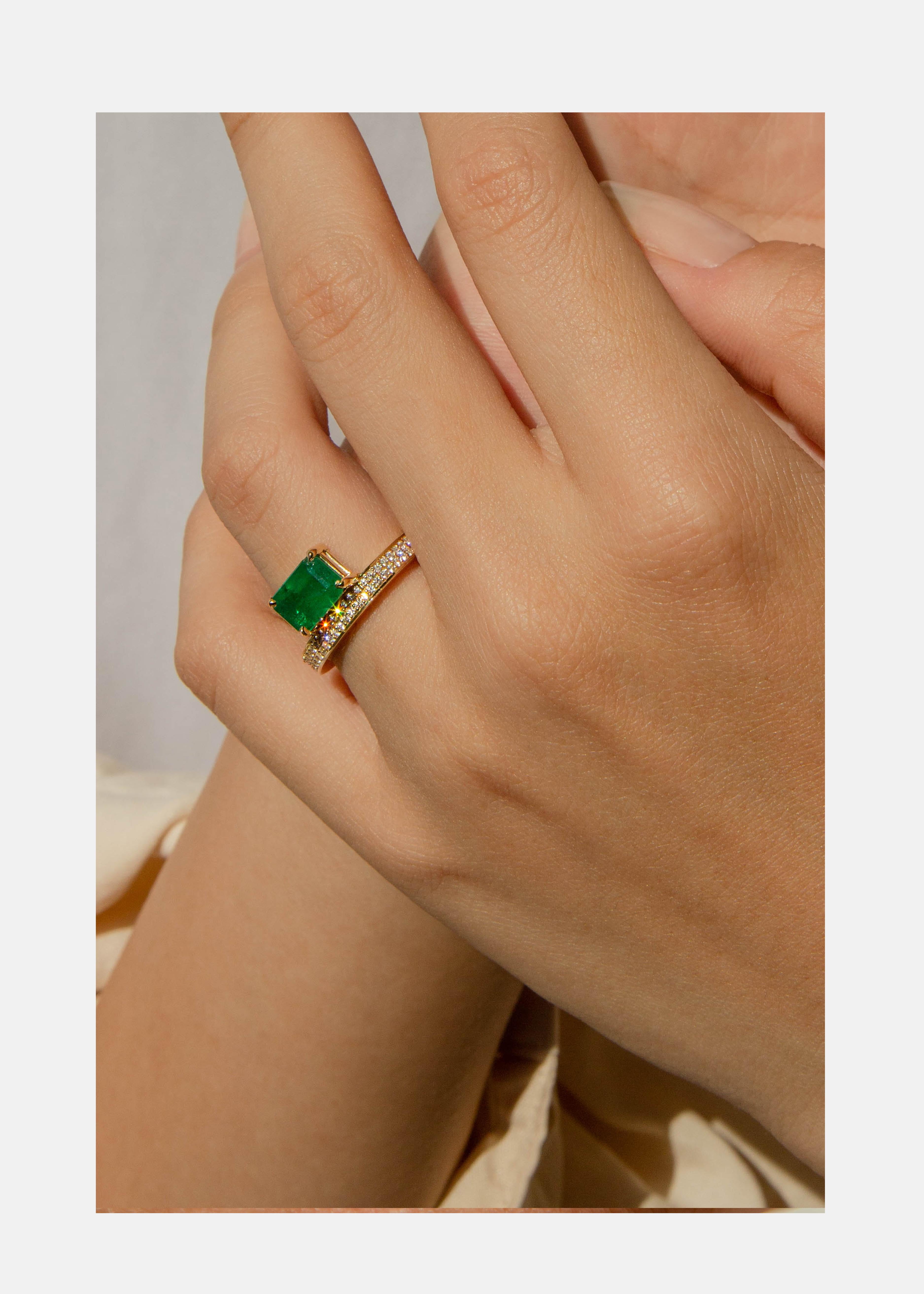 Emerald Cut KATKIM Floating 1.84 ct Emerald Ring in 18K Yellow Gold For Sale