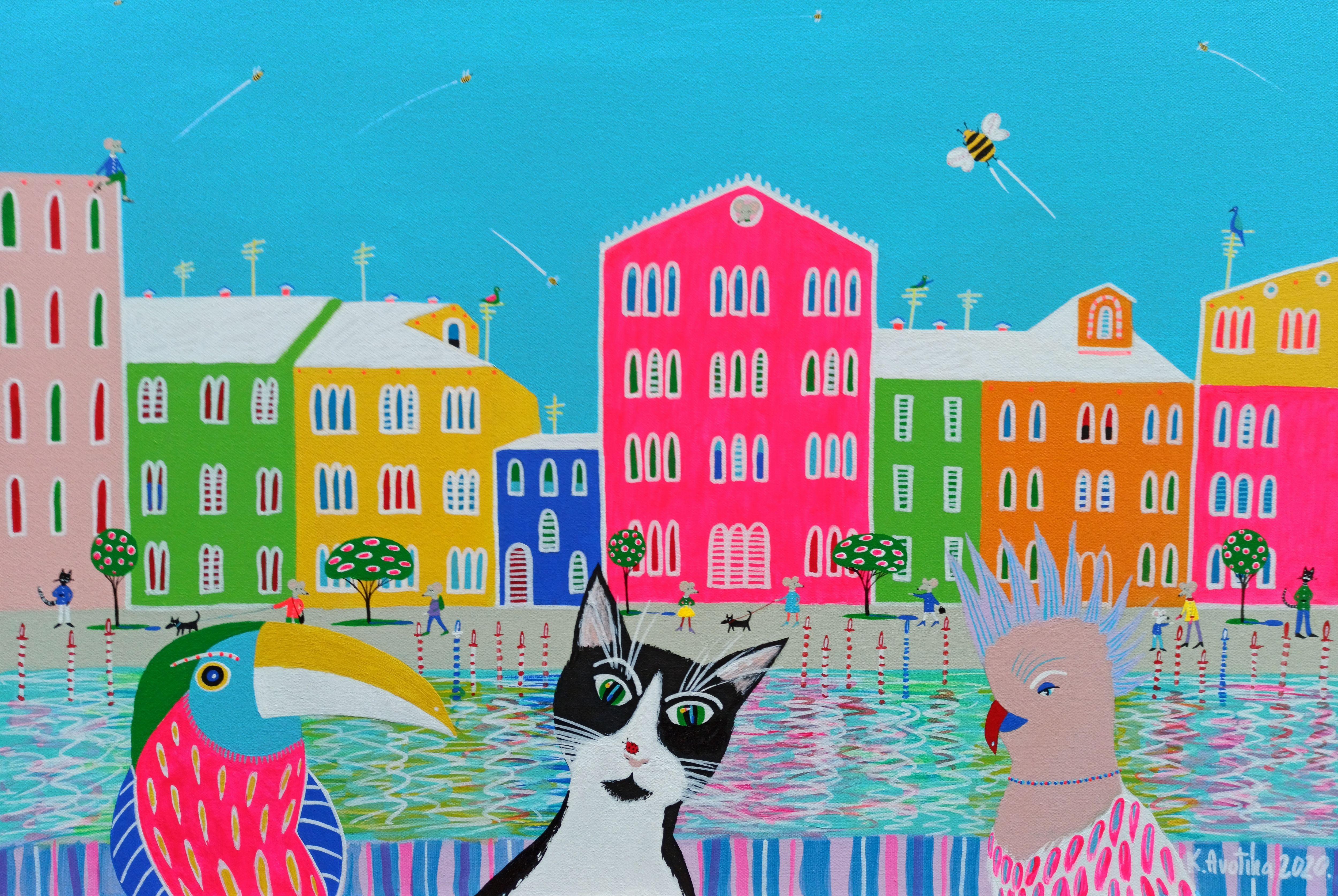 Adventures of Jimbo - ""Meine erste Reise im Ausland", Gemälde, Acryl auf Leinwand – Painting von Katrina Avotina