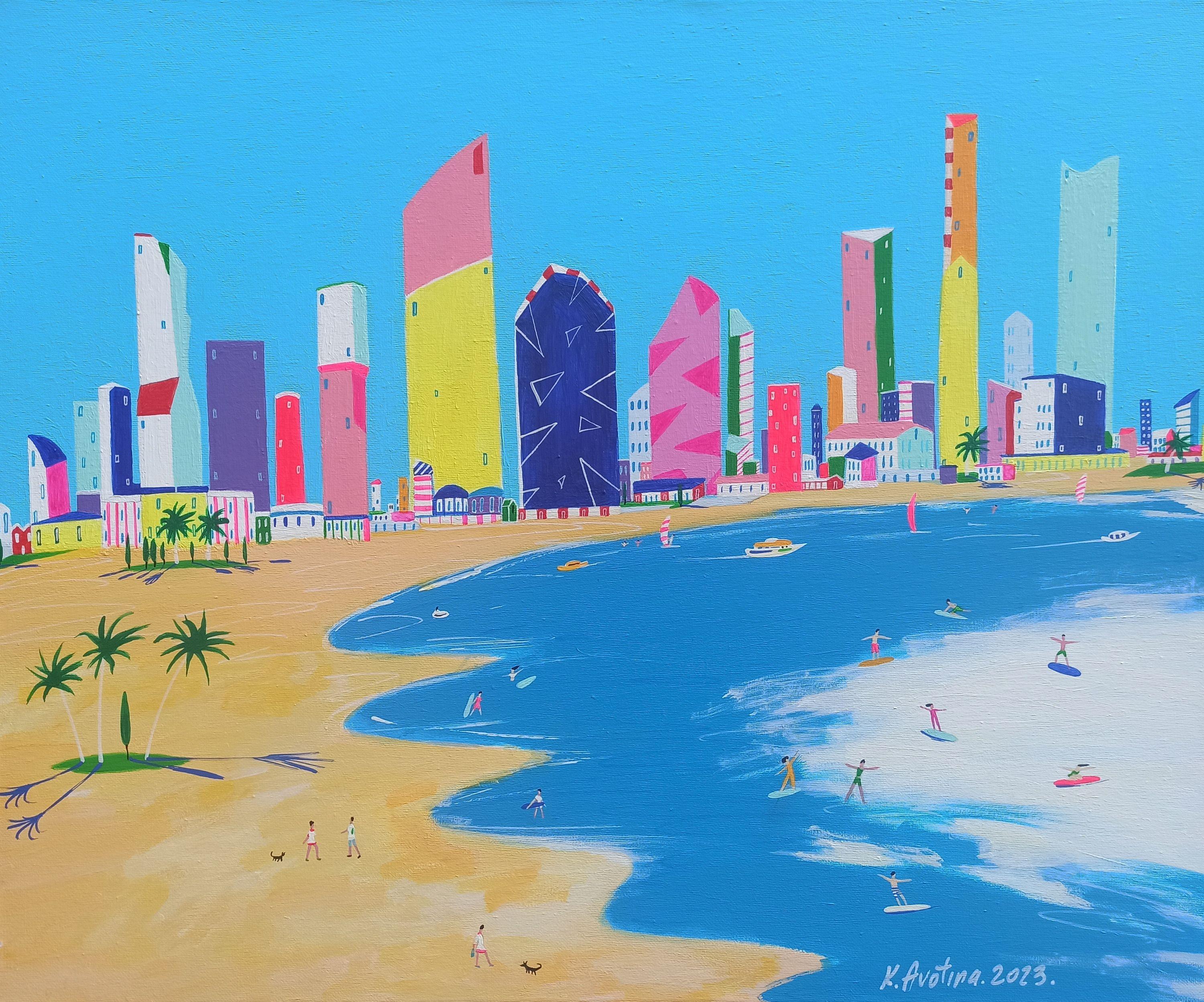 Cattura le onde sulla costa dorata, Pittura, Acrilico su tela - Painting di Katrina Avotina