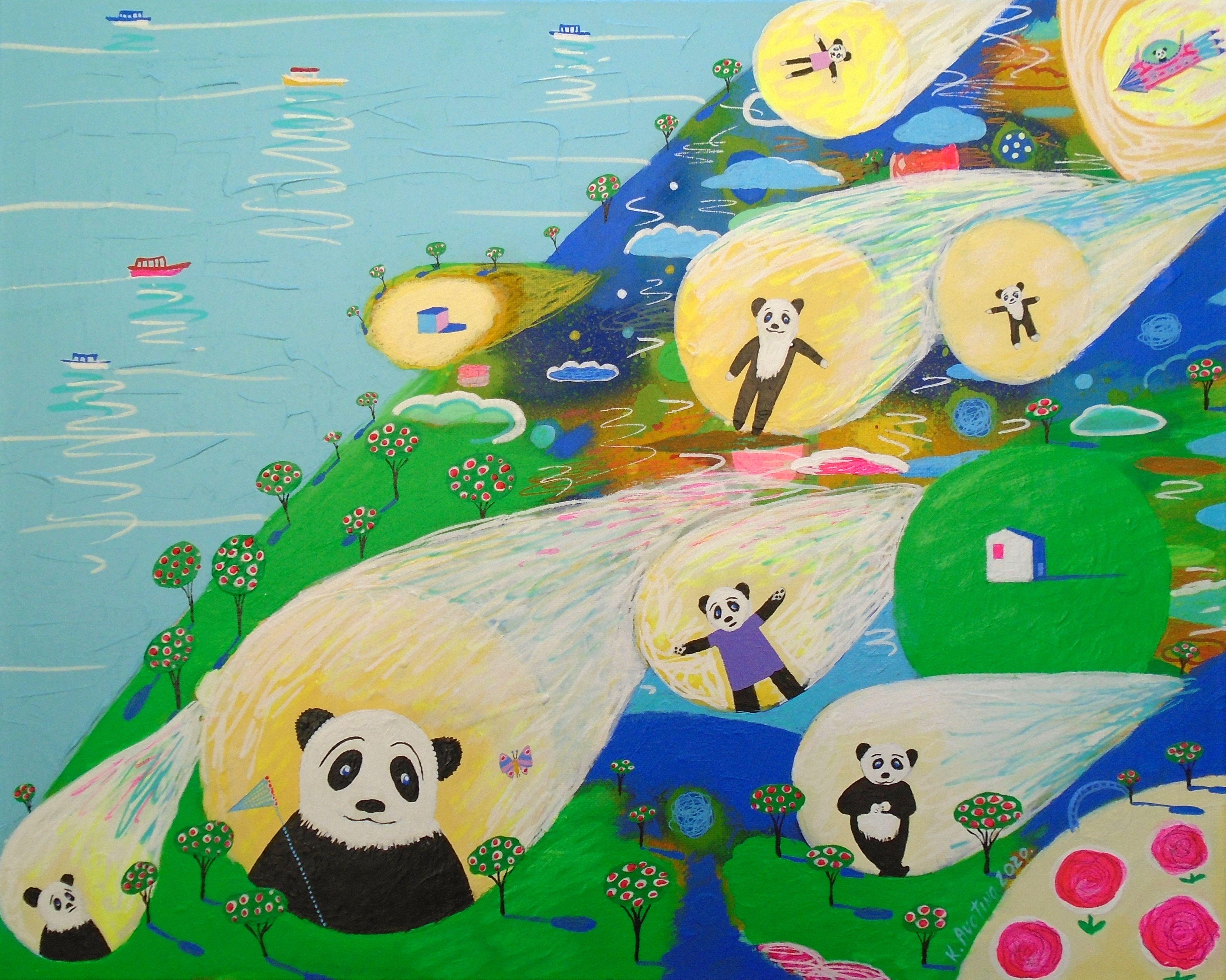 Katrina Avotina Landscape Painting – Cosmic Panda, Gemälde, Acryl auf Leinwand