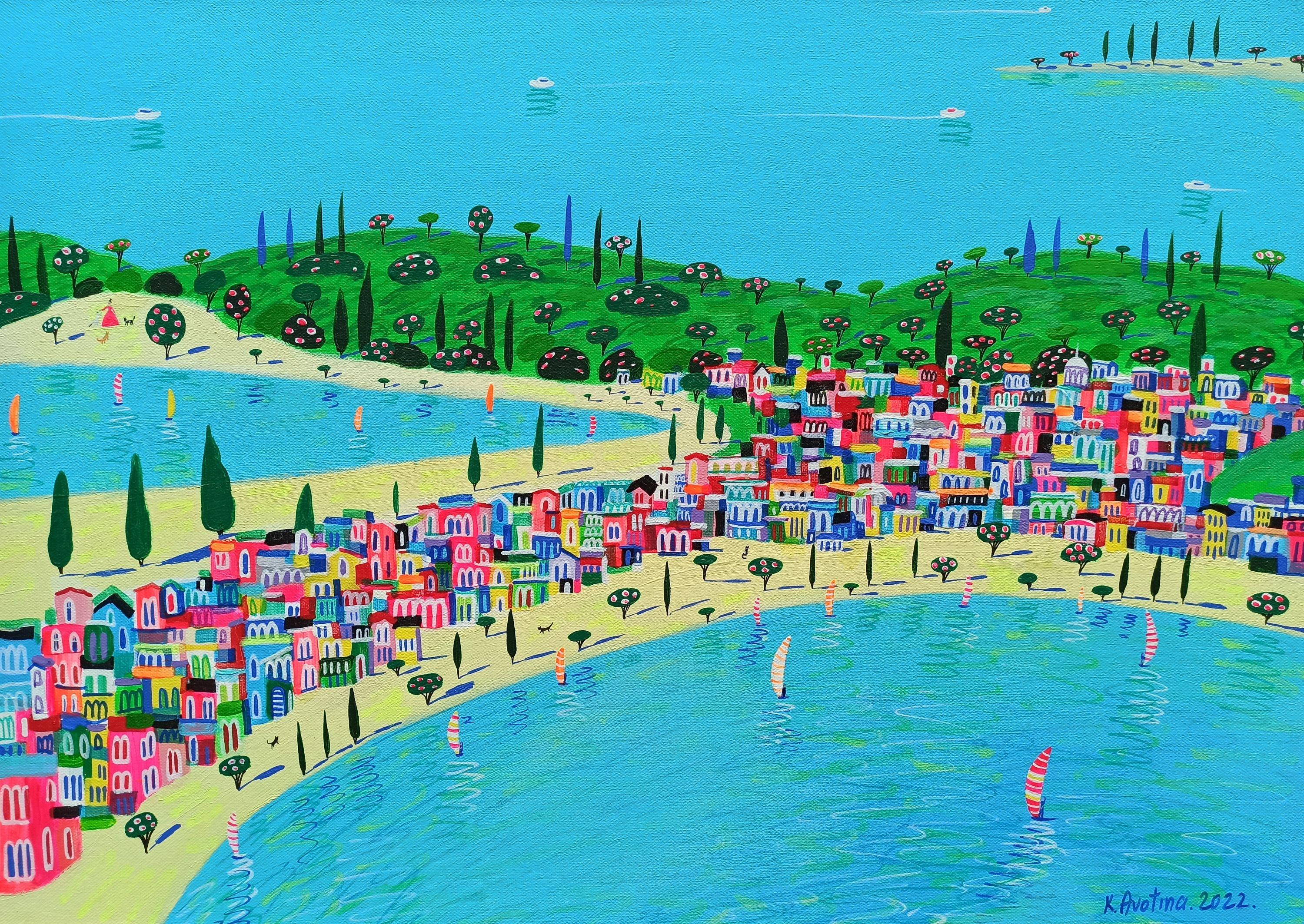 La baia di Gattara, Pittura, Acrilico su tela - Painting di Katrina Avotina