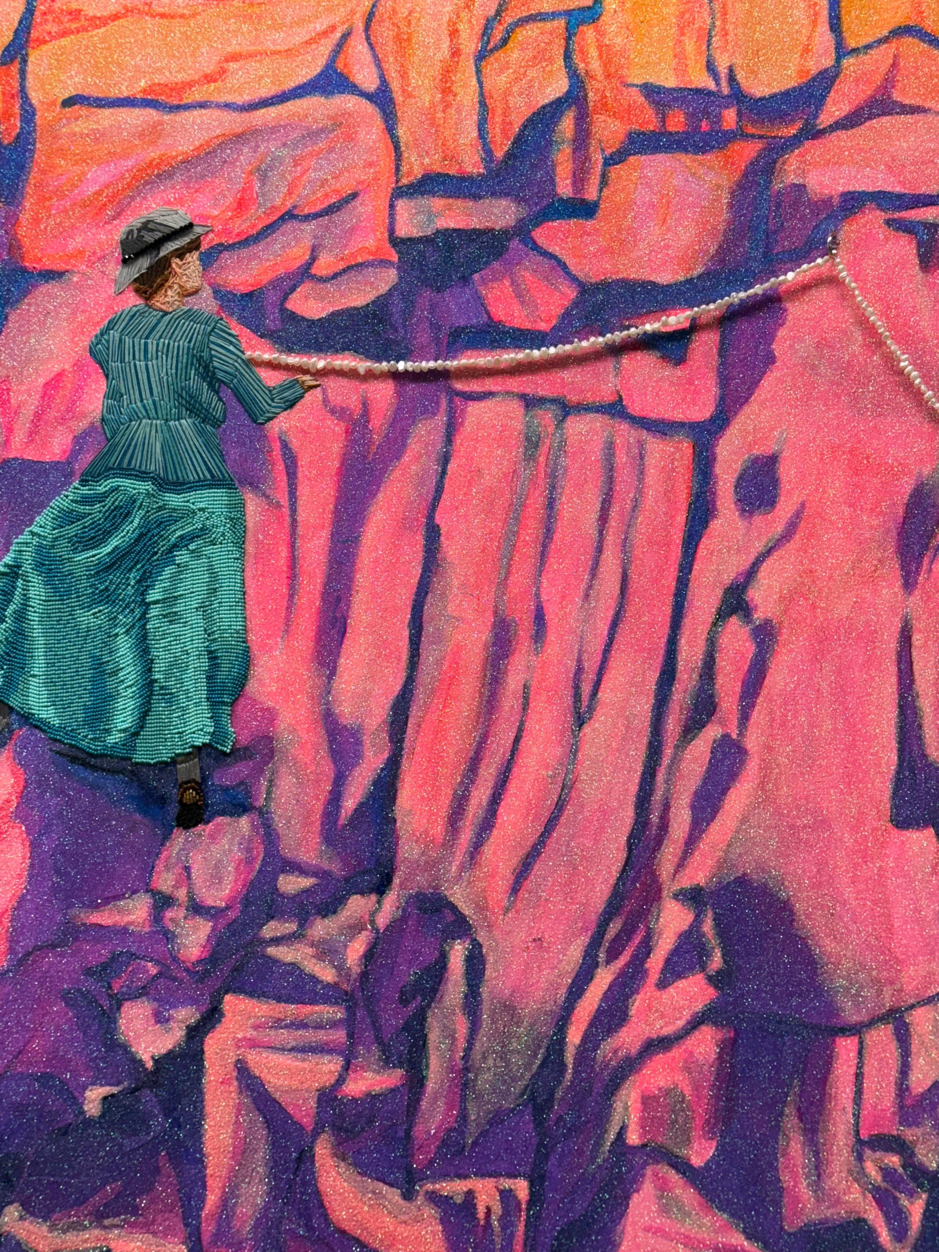 Higher Than Expected - Women Pink Blue Beaded Embroidery Mountain Climbers, 2025 - Contemporary Mixed Media Art by Katrina Majkut