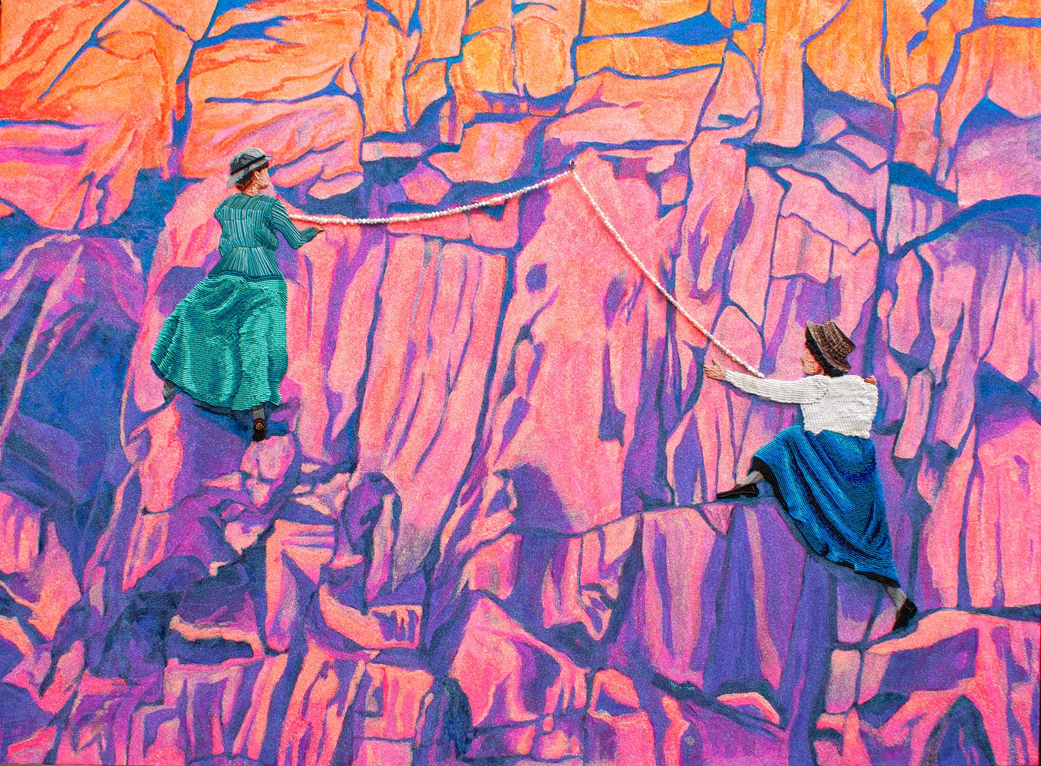 Higher Than Expected - Women Pink Blue Beaded Embroidery Mountain Climbers, 2025 - Mixed Media Art by Katrina Majkut