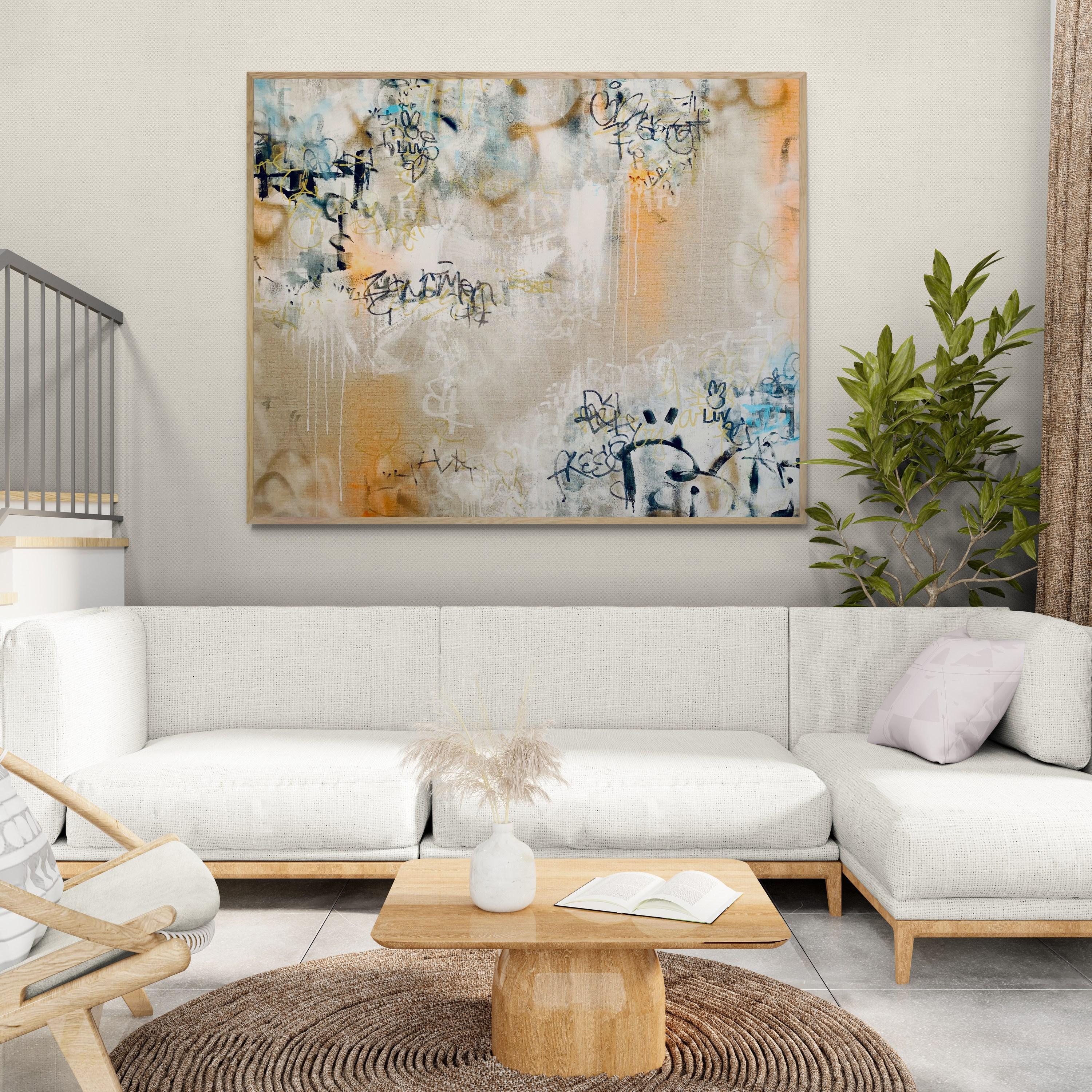 Bunny Luv (Astratto, Lino belga, Blu, Contemporaneo, Libero, Gestuale, Oro) - Painting di Katrina Revenaugh