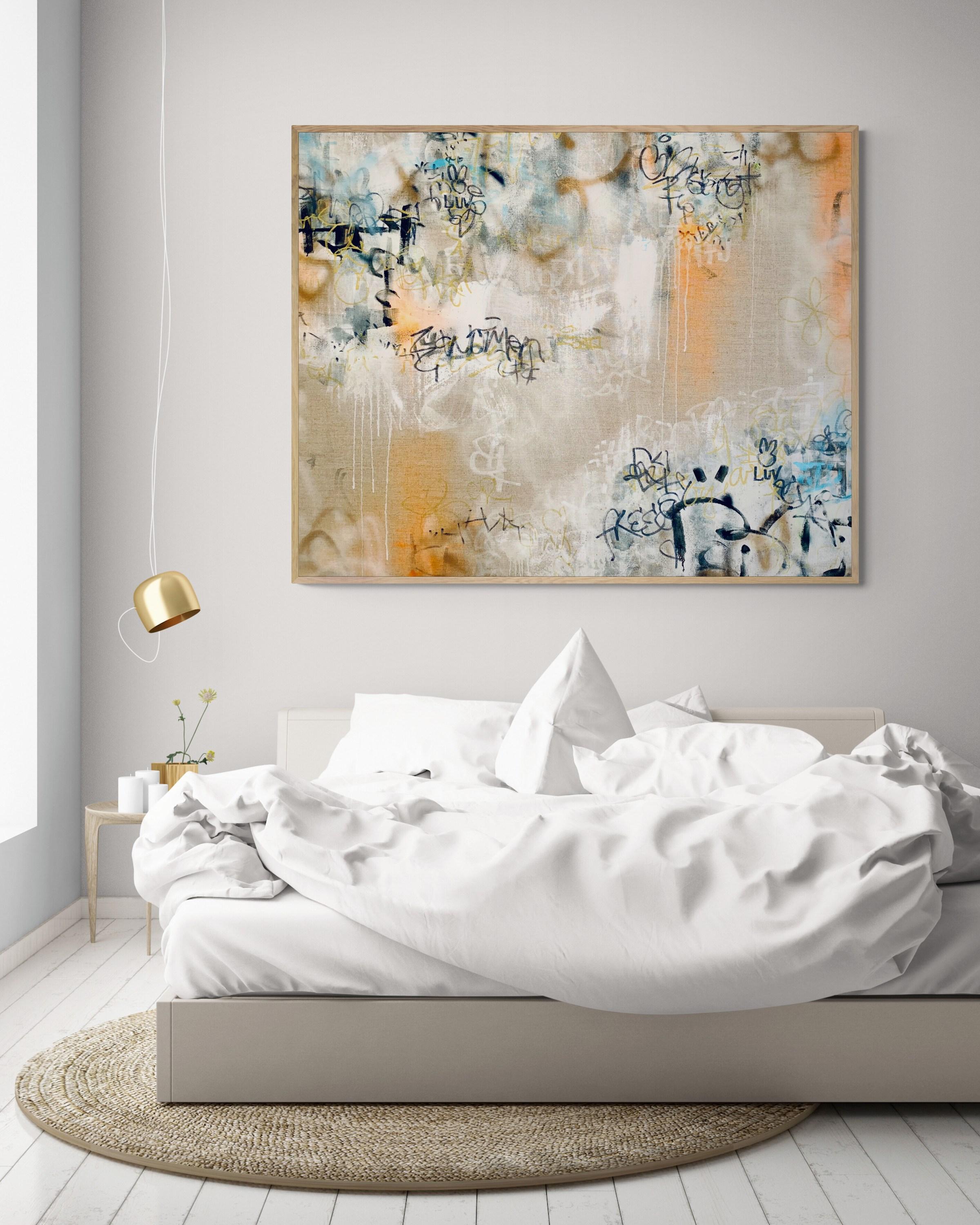 Bunny Luv (Abstract, Belgian Linen, Blue, Contemporary, Free, Gestural, Gold) For Sale 1