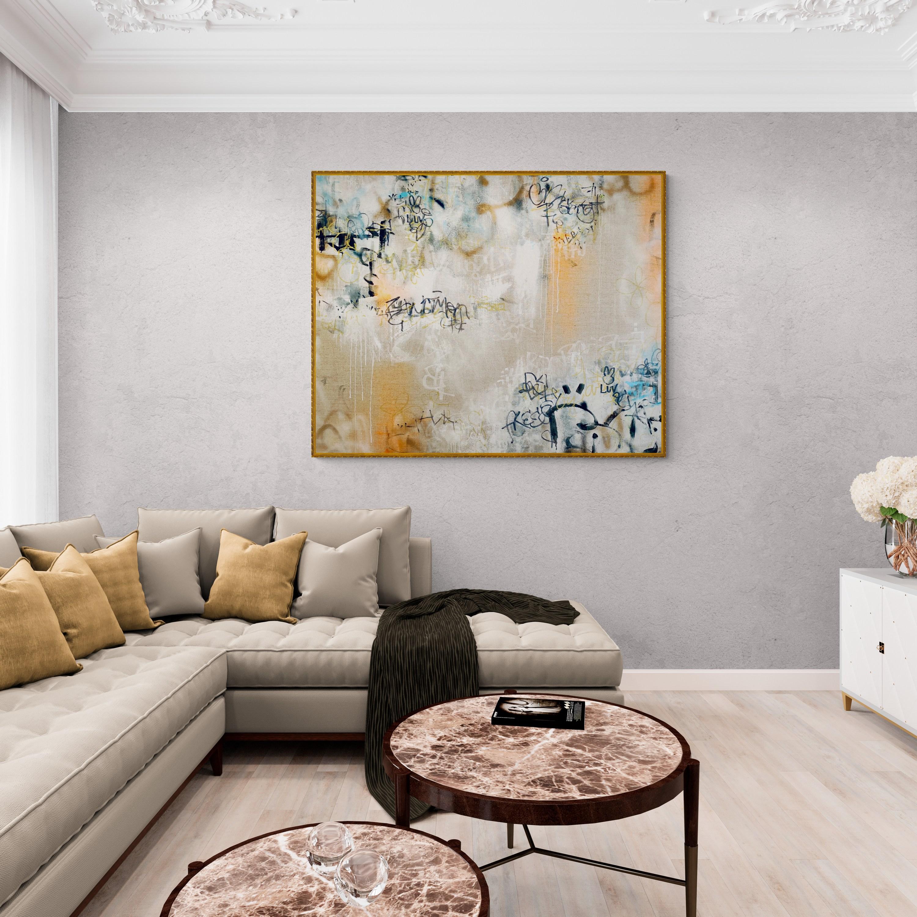 Bunny Luv (Astratto, Lino belga, Blu, Contemporaneo, Libero, Gestuale, Oro) in vendita 2