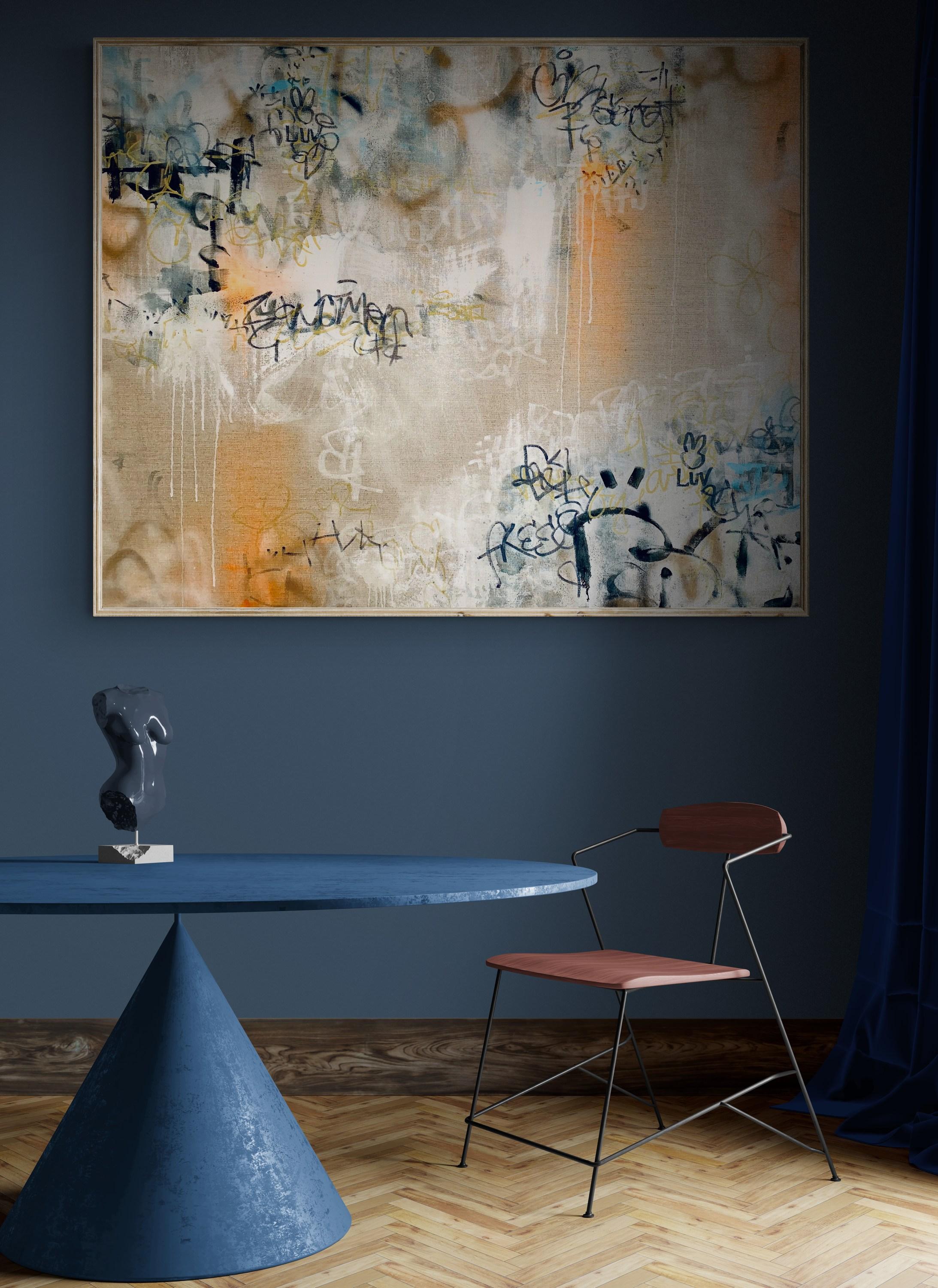 Bunny Luv (Astratto, Lino belga, Blu, Contemporaneo, Libero, Gestuale, Oro) in vendita 5