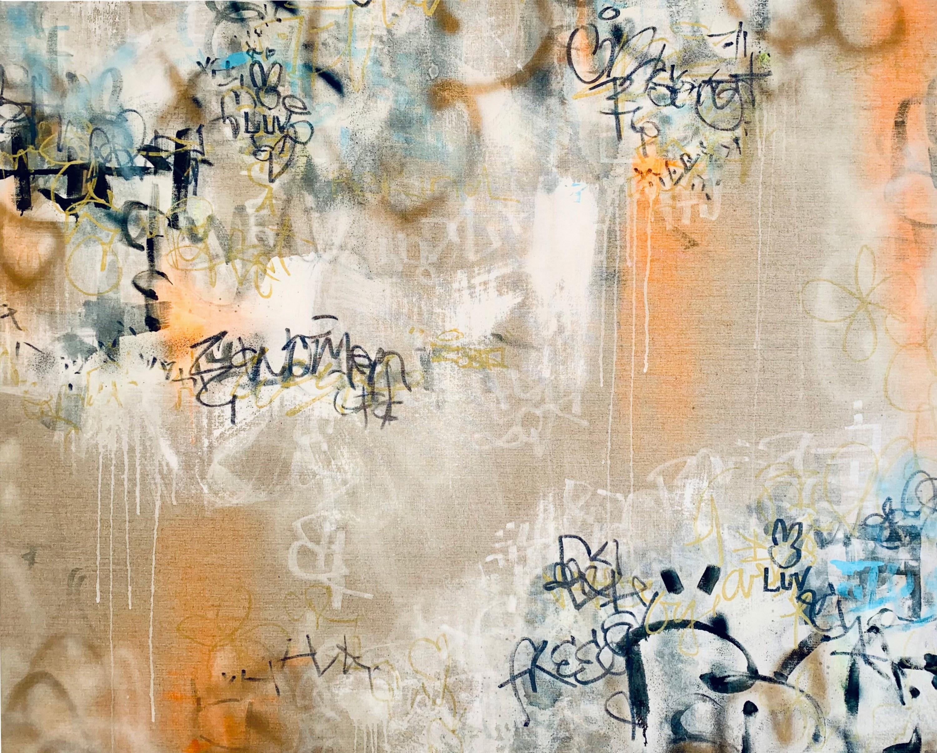 Katrina Revenaugh Figurative Painting - Bunny Luv (Abstract, Belgian Linen, Blue, Contemporary, Free, Gestural, Gold)