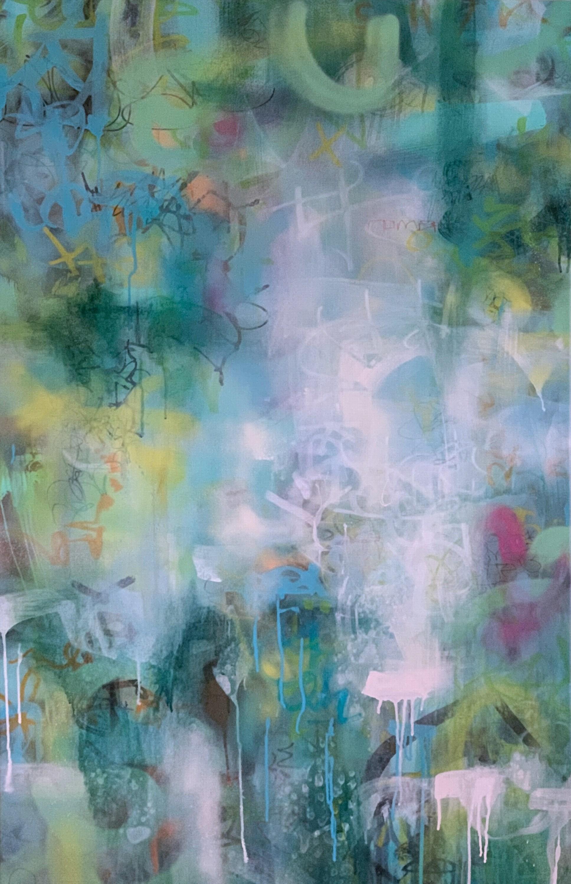 Katrina Revenaugh Abstract Painting - Dive Right In ( Tags: Abstract, Blue, Contemporary, Dreamy, Fun, Gestural)