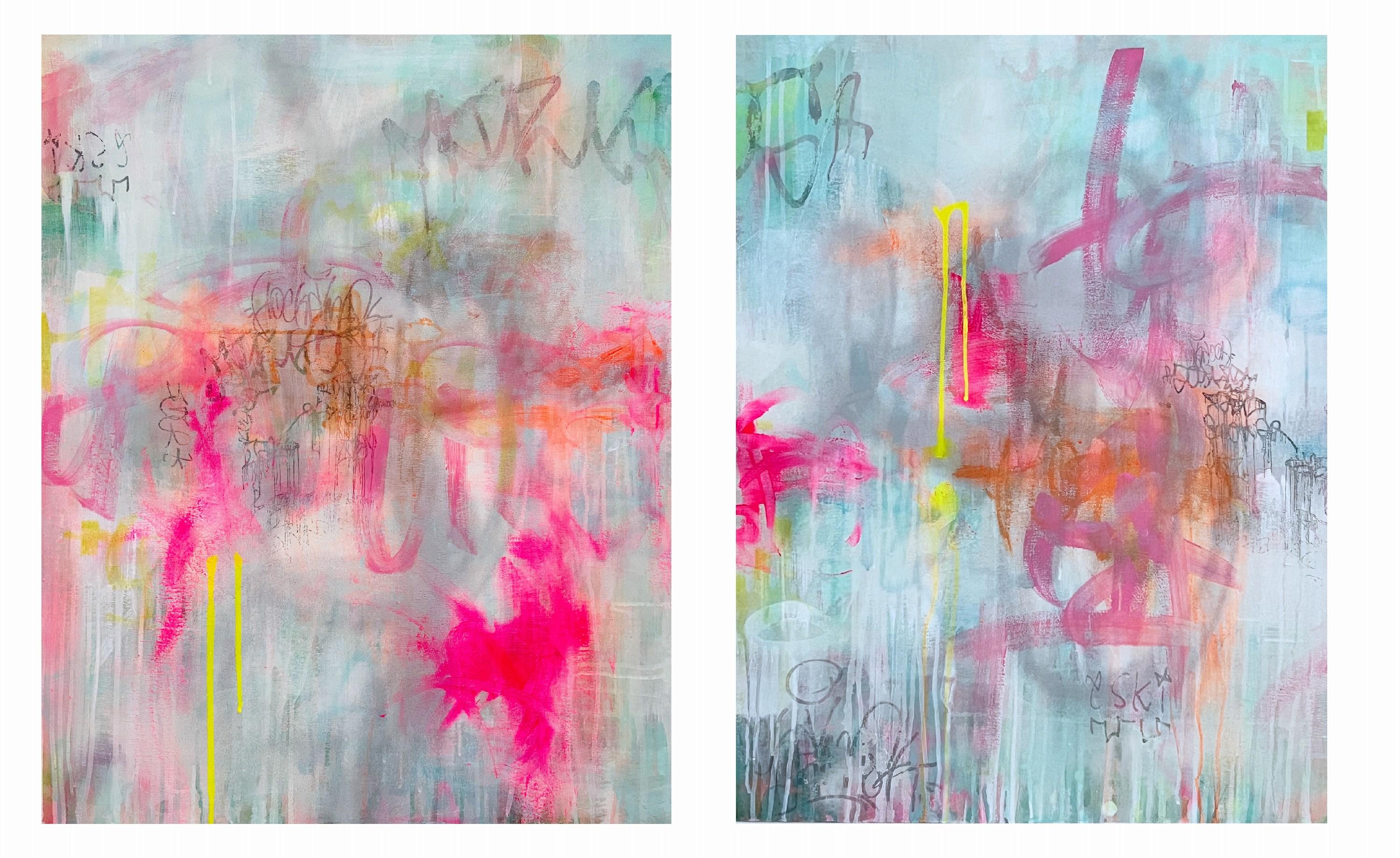 Abstract Painting Katrina Revenaugh - Double Time Diptych (Abstrait, Atmosphérique, Bleu, Contemporain, Gestuel)