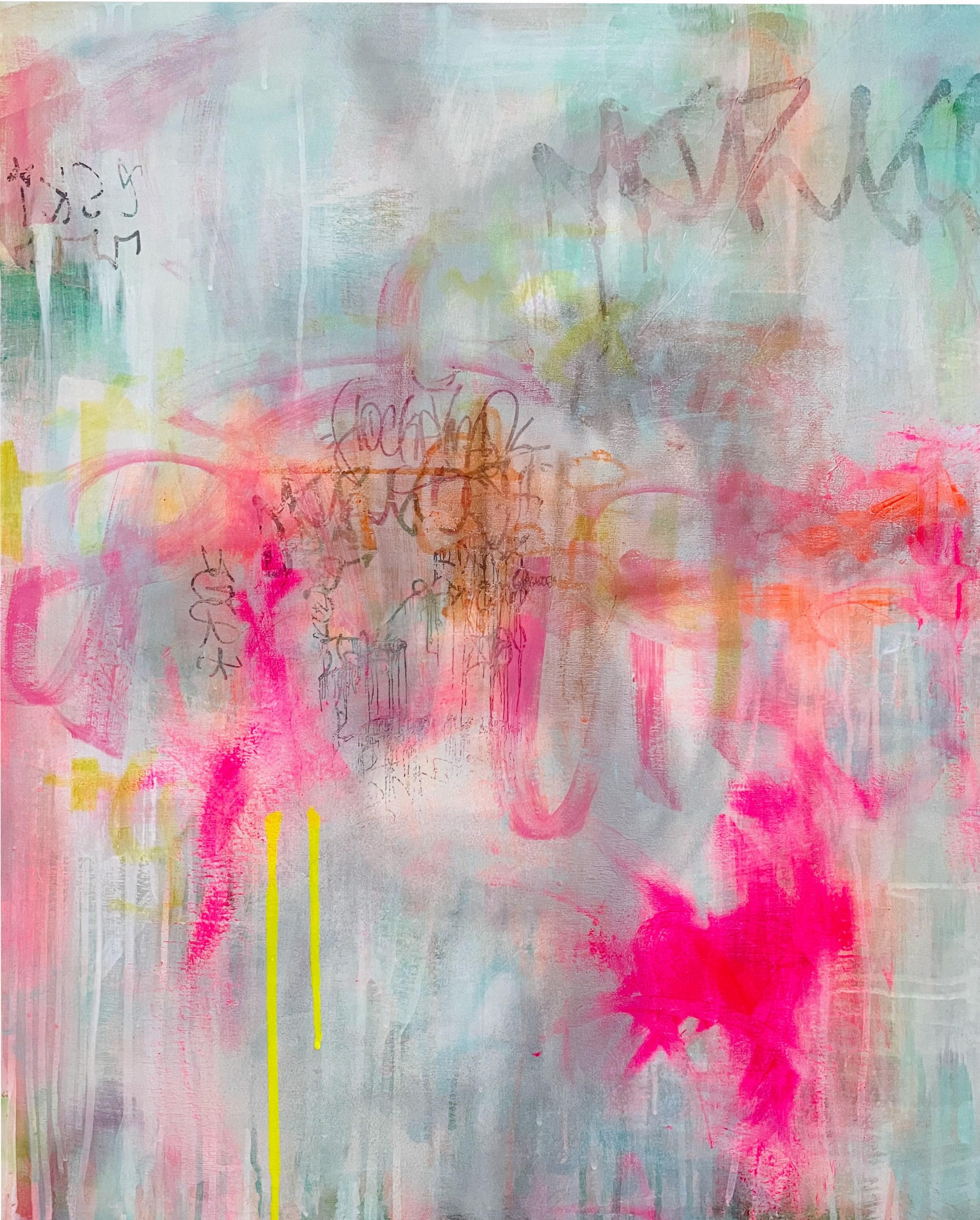 Katrina Revenaugh Abstract Painting – Double Time No 1 (Abstrakt, Atmosphärisch, Blau, Zeitgenössisch, Gestisch, Graffiti)