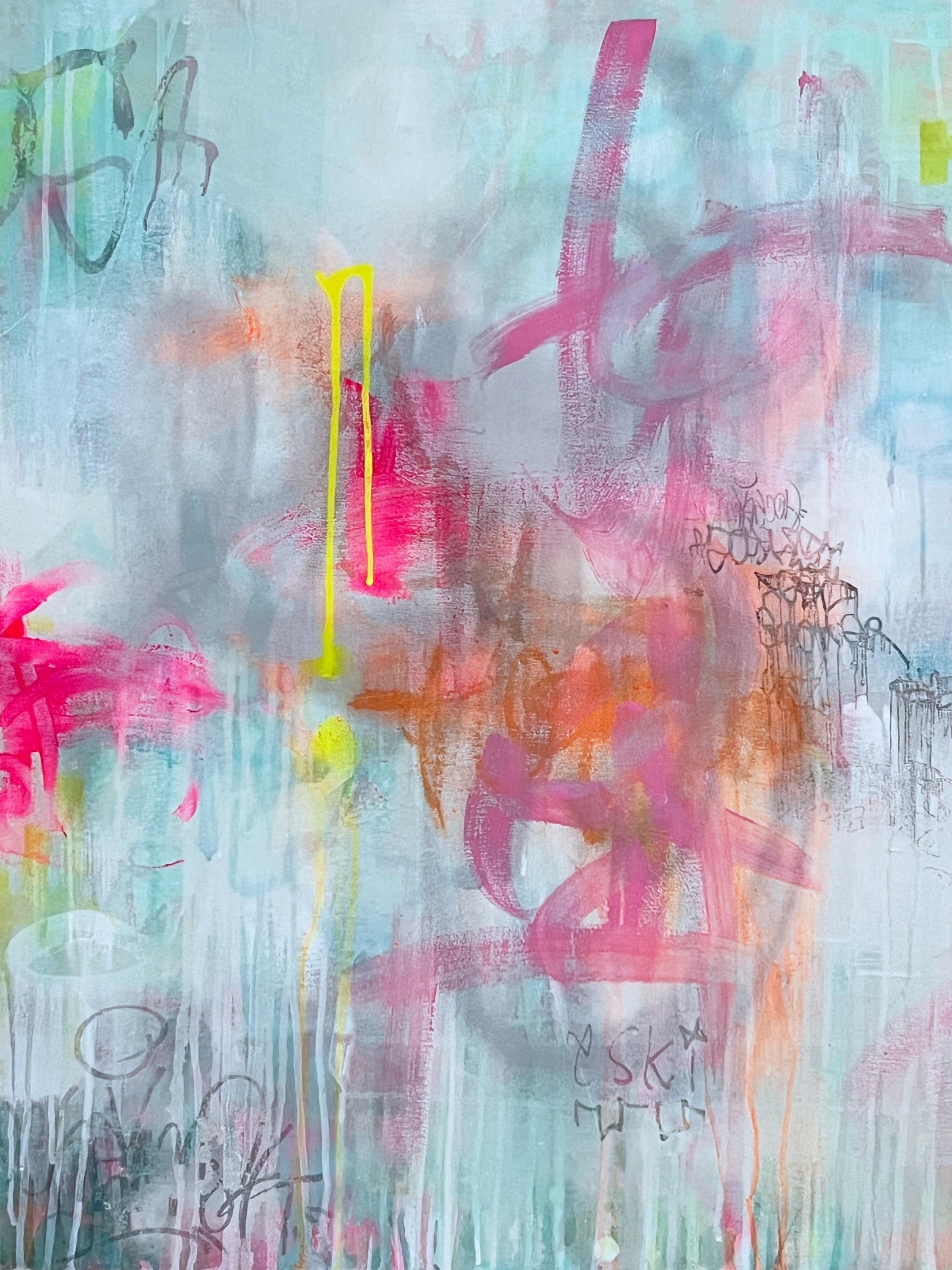Double Time No 2 (Abstract, Atmospheric, Blue, Contemporary, Gestural, Graffiti) - Painting by Katrina Revenaugh