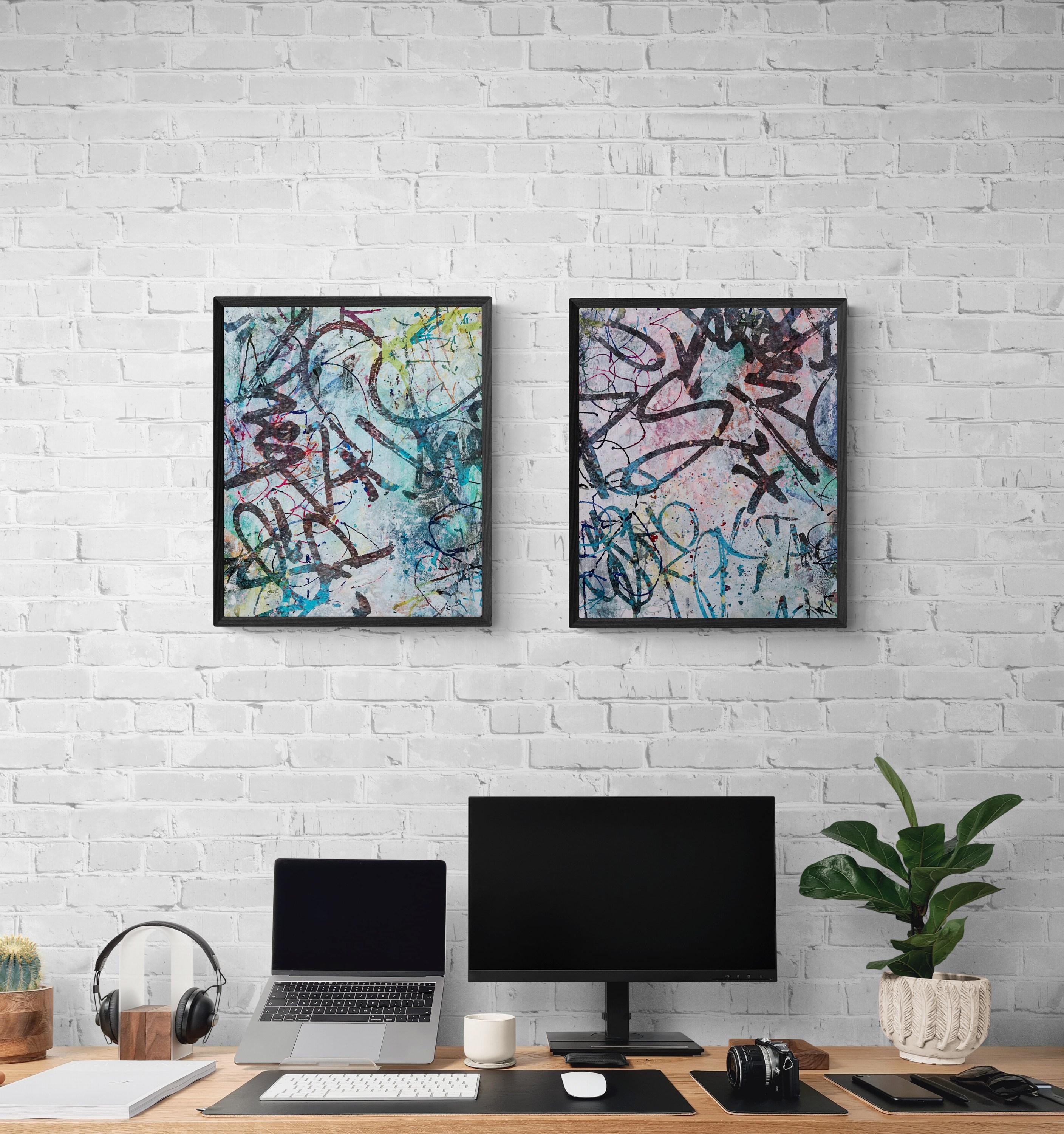 Get Happy Diptych (Abstract, Atmospheric, Blue, Blush, Colorful, Contemporary) For Sale 1