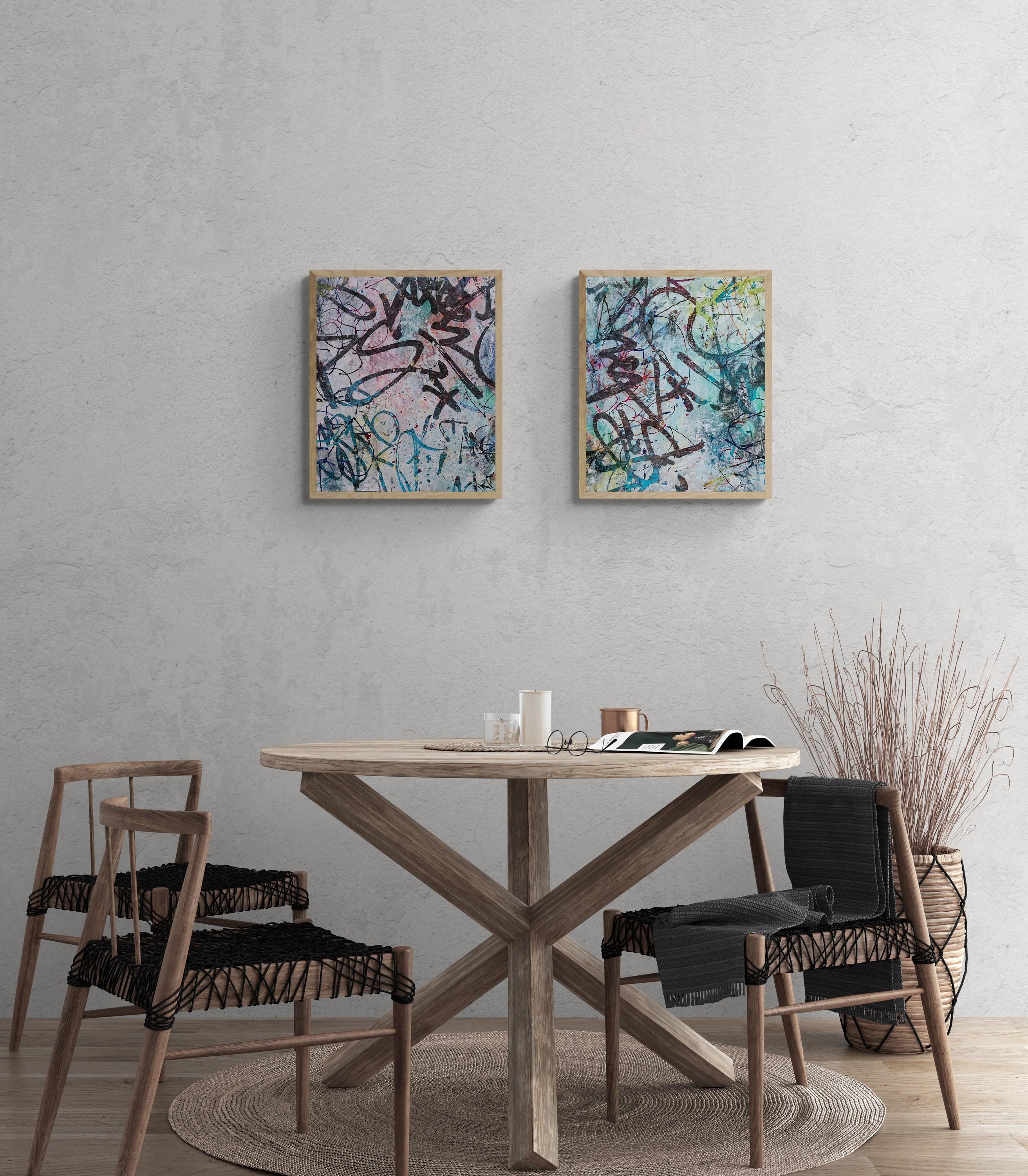 Get Happy Diptych (Abstract, Atmospheric, Blue, Blush, Colorful, Contemporary) For Sale 3