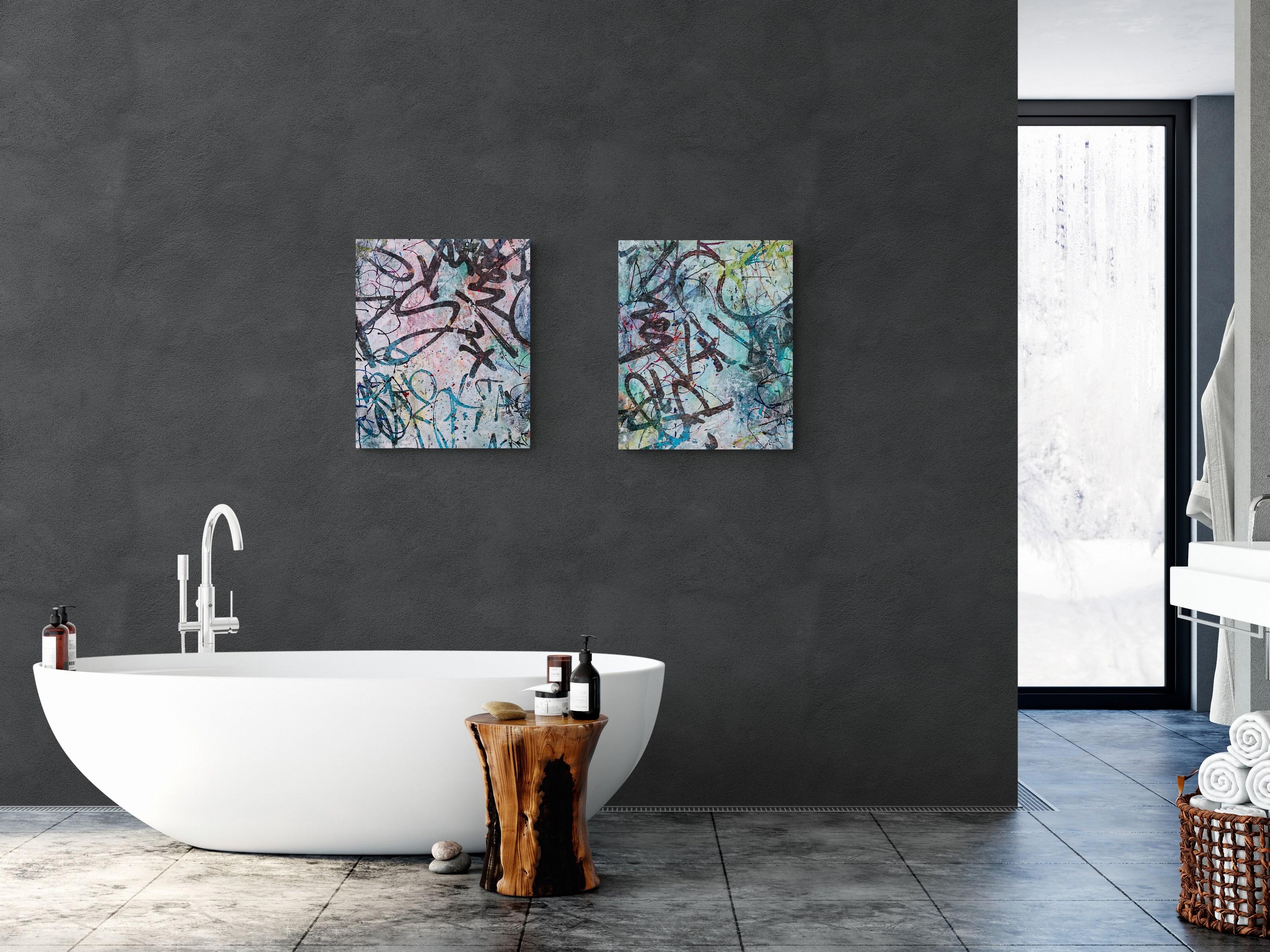 Get Happy Diptych (Abstract, Atmospheric, Blue, Blush, Colorful, Contemporary) For Sale 5