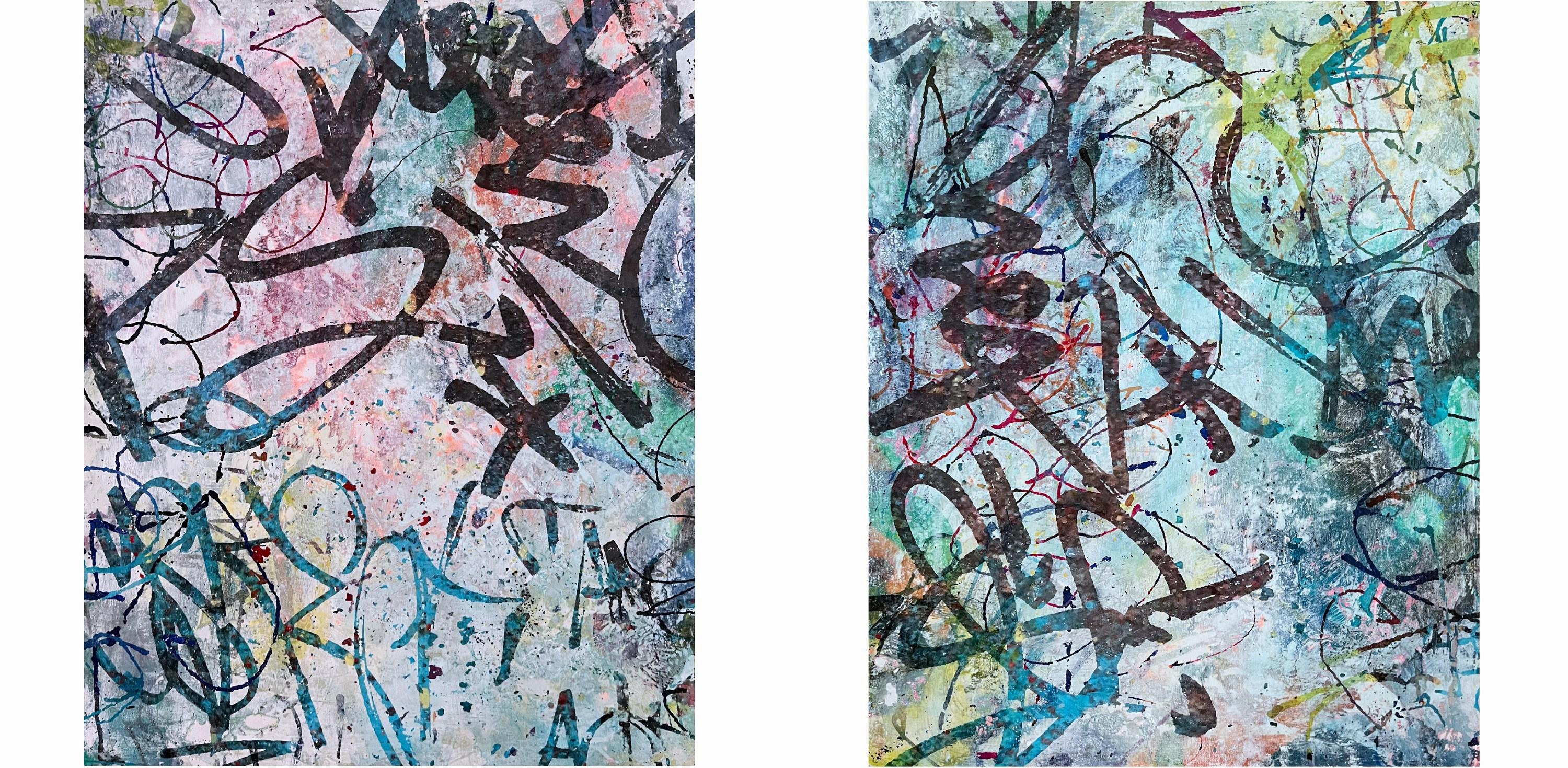 Katrina Revenaugh Abstract Painting - Get Happy Diptych (Abstract, Atmospheric, Blue, Blush, Colorful, Contemporary)