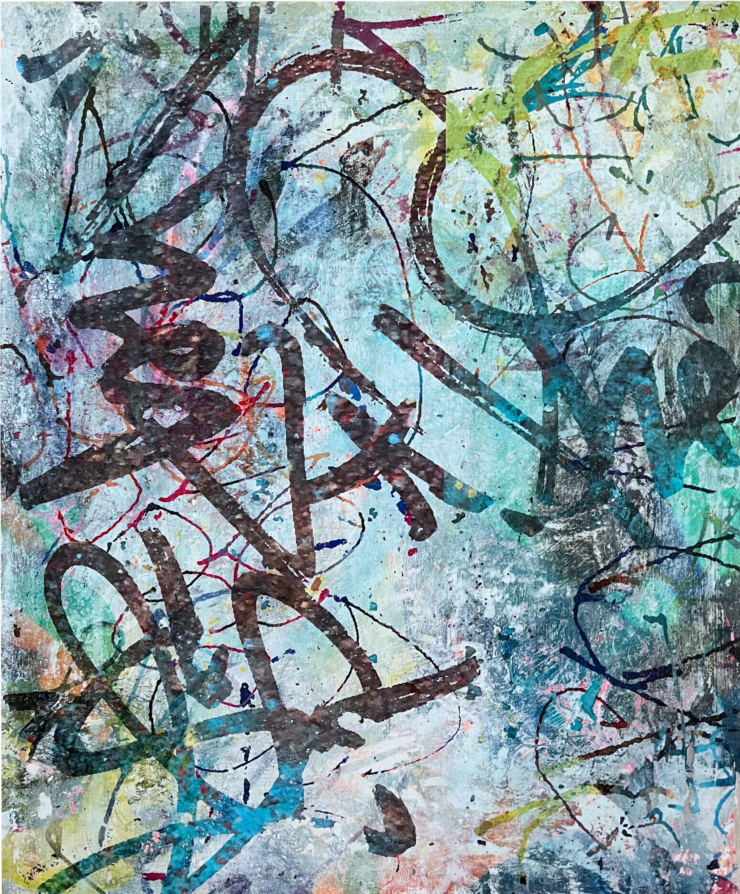 Get Happy No. 2 (abstrait, atmosphérique, bleu, blush, coloré, contemporain) - Painting de Katrina Revenaugh