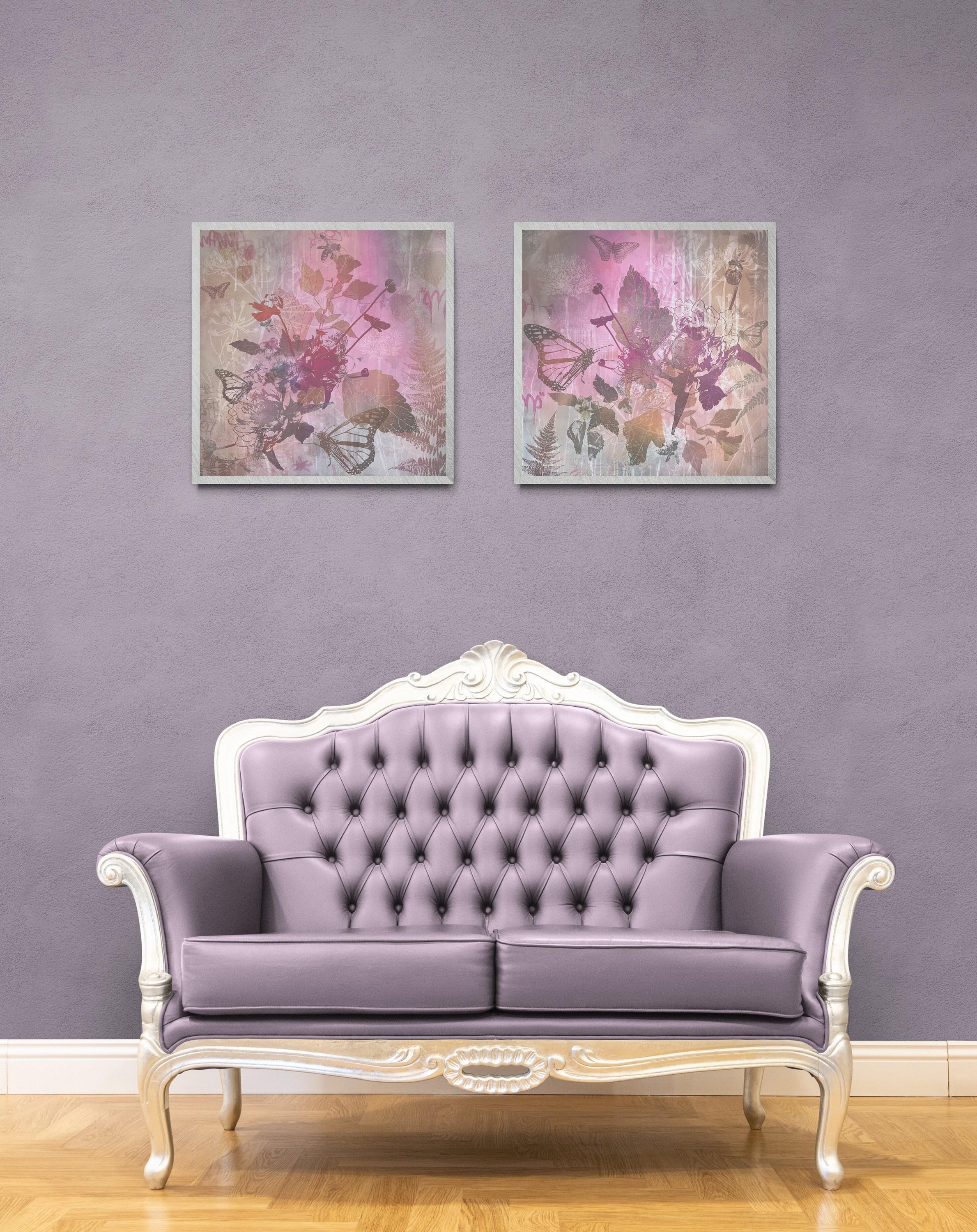 Morning Glory Diptych (Bees, Birch Panel, Botanicals, Butterflies, Floral, Gold) For Sale 5